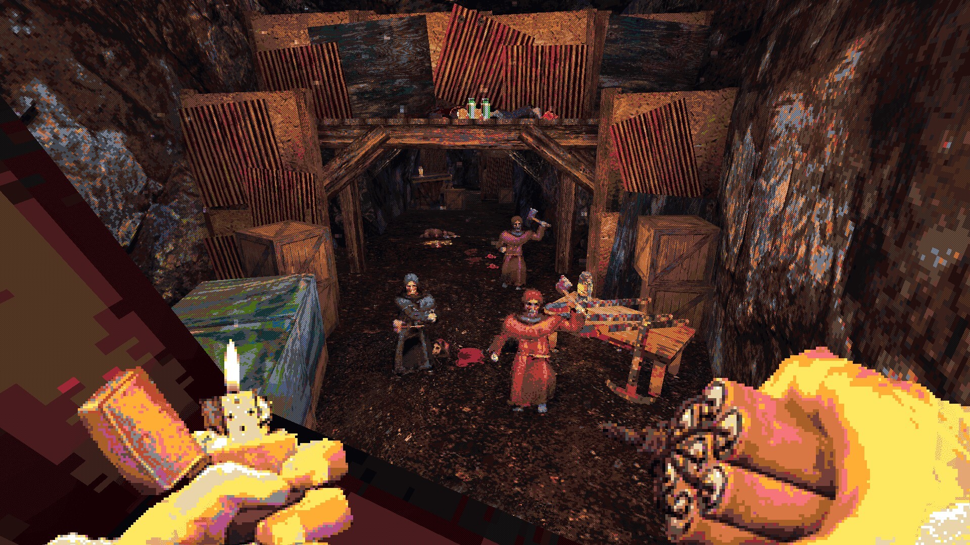 Cultists charge toward the camera through a mine tunnel as the player wields a stick of dynamite and a lighter.