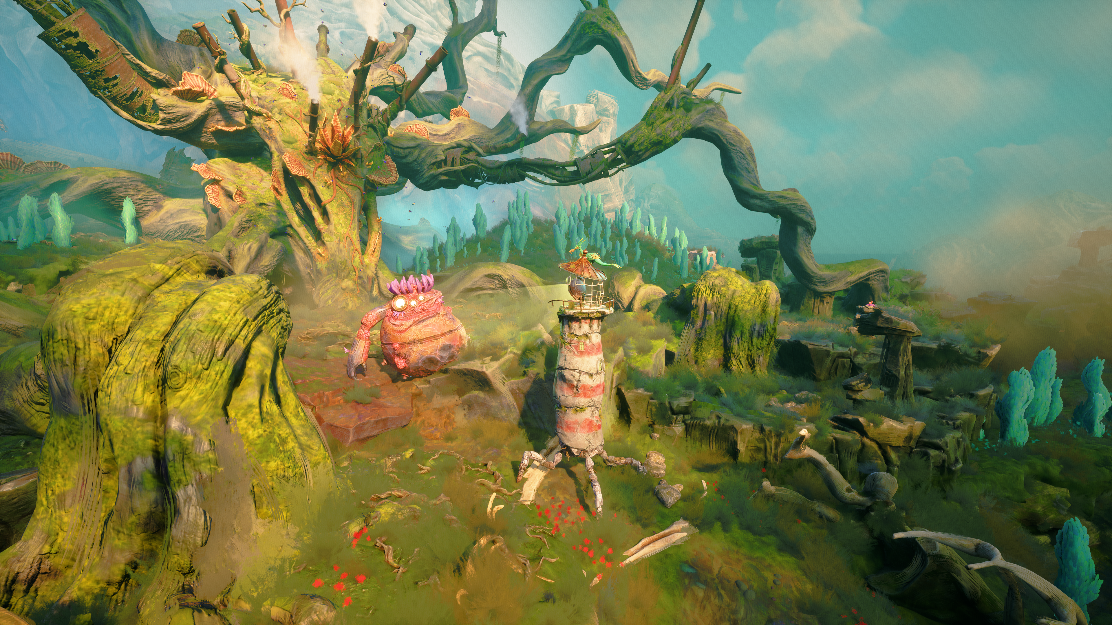 A screenshot of Double Fine's Keeper. A short crab-like creature sits under a tree while a sentient lighthouse with spider legs shines its light down on it.