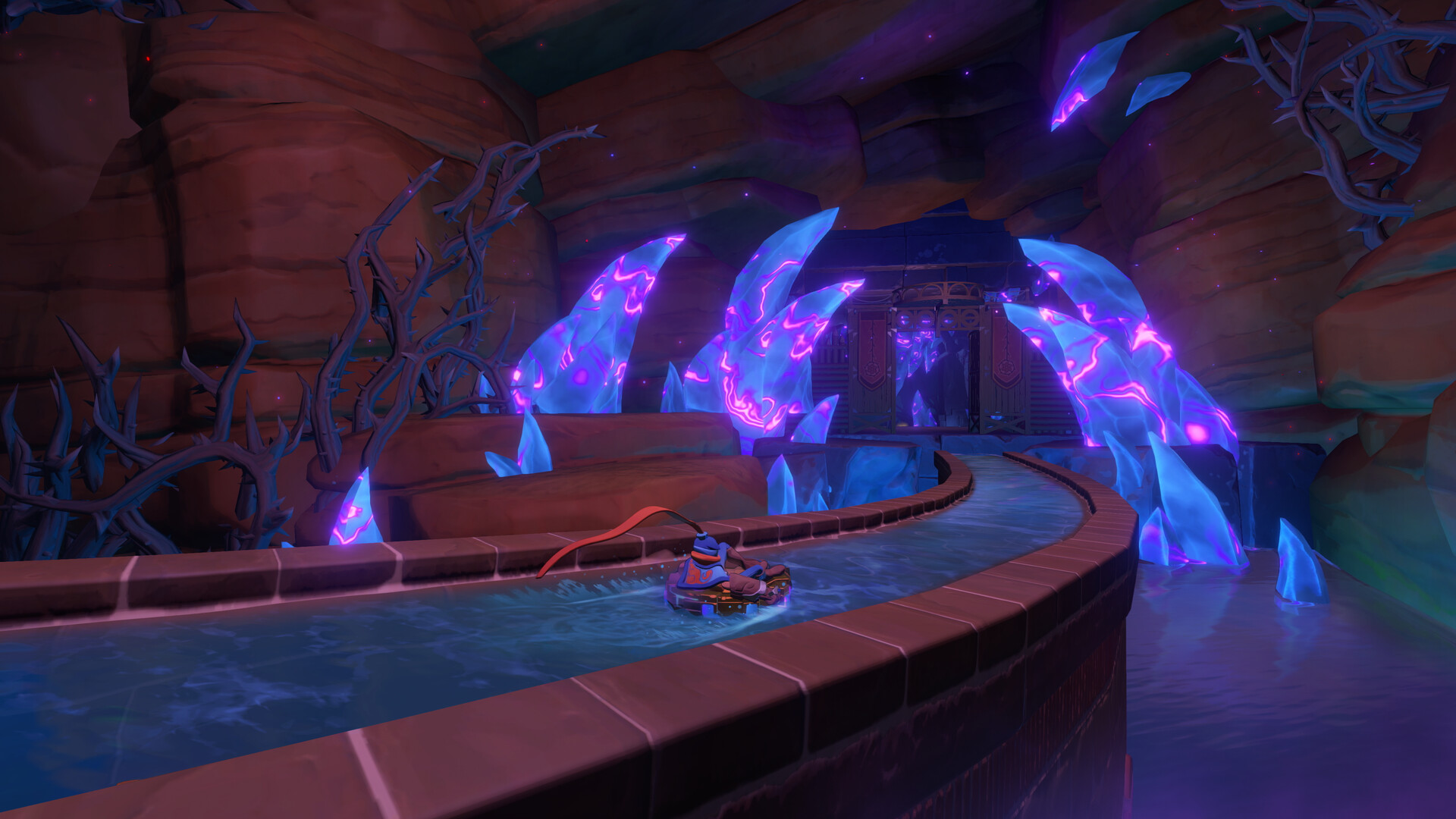 Knightling gameplay showing knight riding shield as little boat down waterslide in crystal cave.