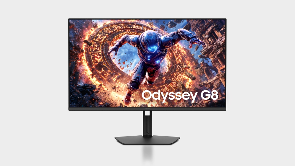 A promotional image of the Samsung Odyssey G8 G80HS gaming monitor