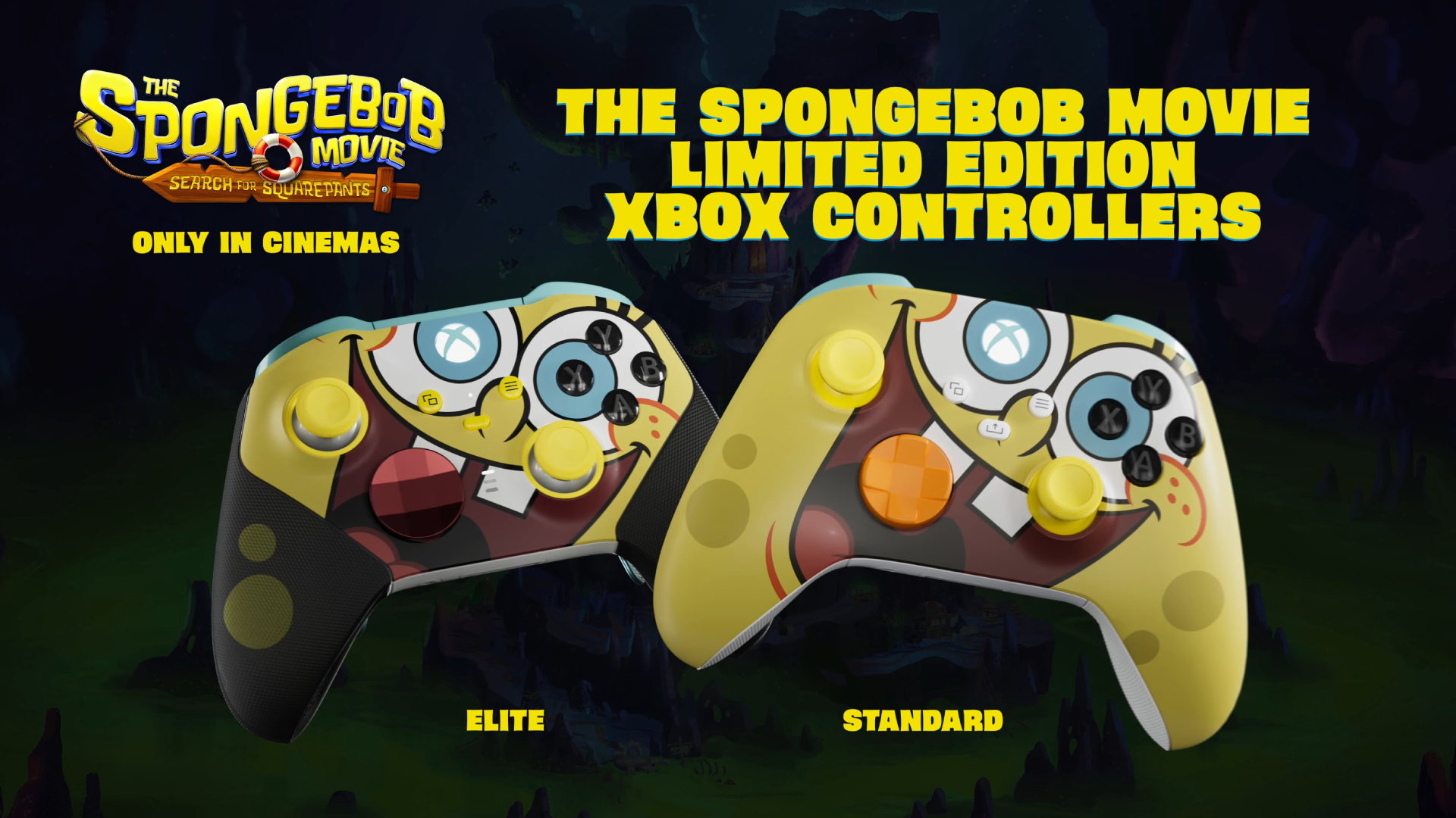 Two Limited Edition SpongeBob Xbox controllers, as part of a promotional ad for the movie