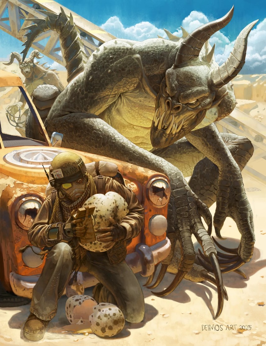 Fan art New Vegas courier stealing deathclaw eggs in Quarry Junction