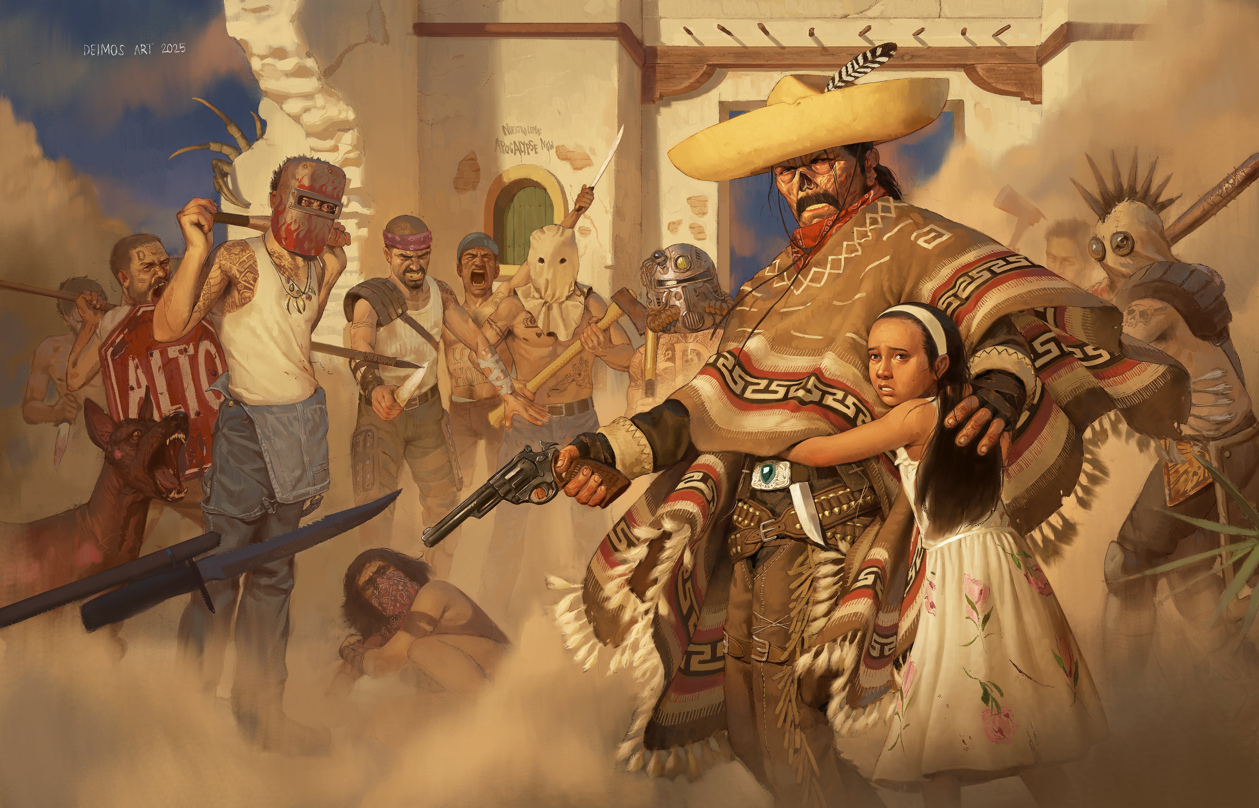 zombie vaquero protecting girl surrounded by raiders and dust clouds