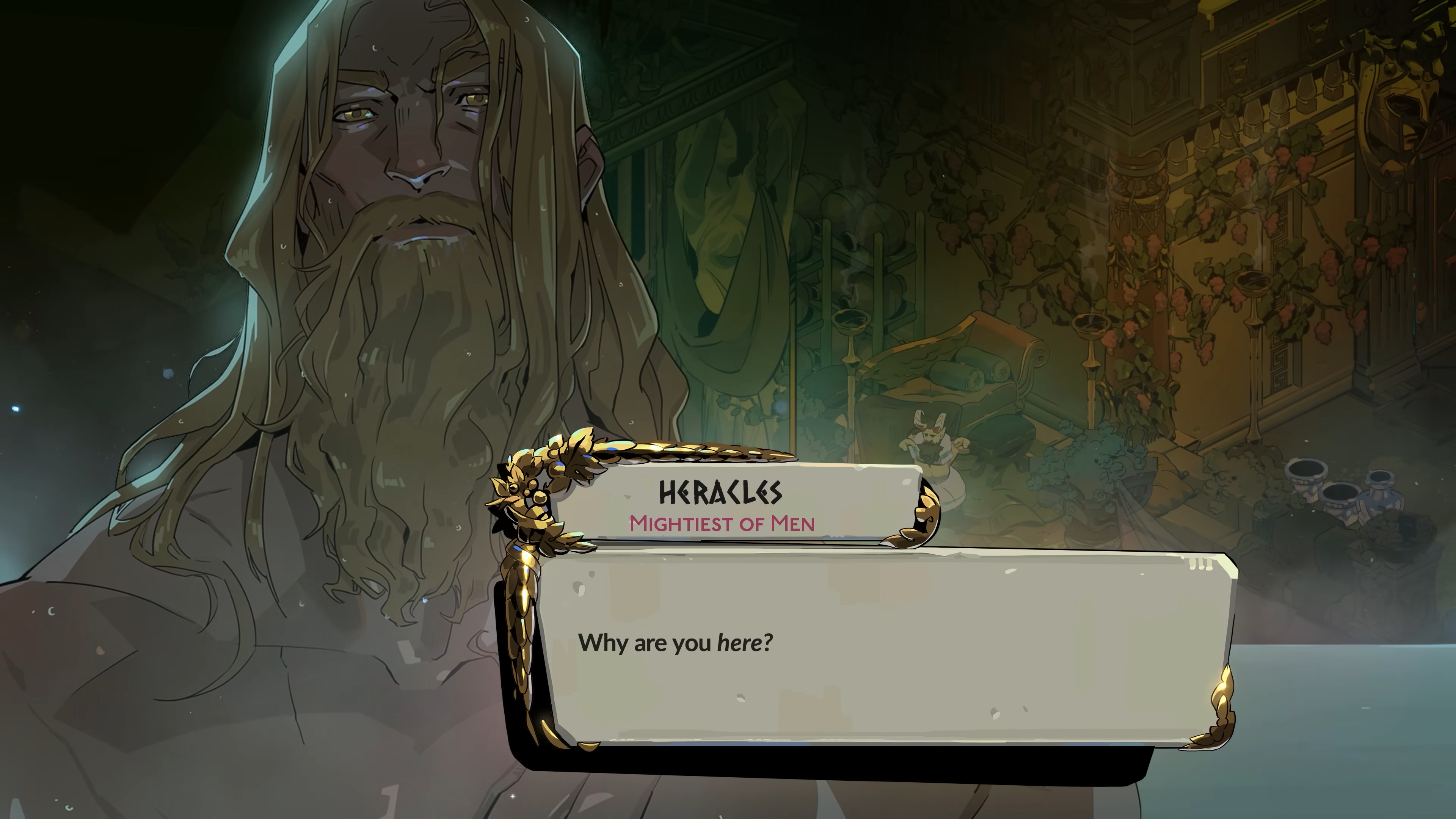 A screenshot of Hades 2 character Heracles in a hot springs dialogue scene. The blonde man's long hair is damp and draped over his broad shoulders as he asks, 