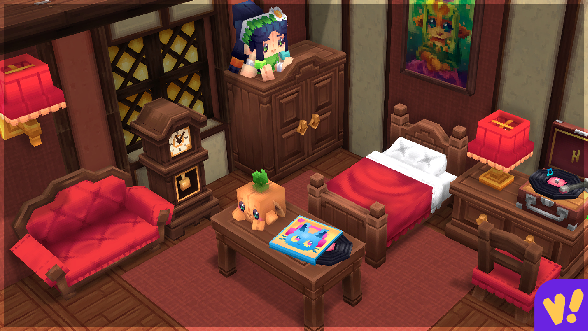 Best Hytale mods: A cosy bedroom with plushies, chairs, and more to demonstrate Violet's Workshop's mod packs.