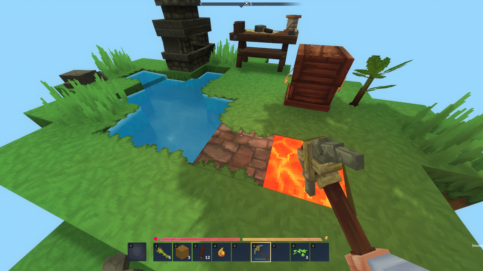 Best Hytale mods: A player with a pickaxe looking at a pool of lava and water on a small island in the Skyblock mod.