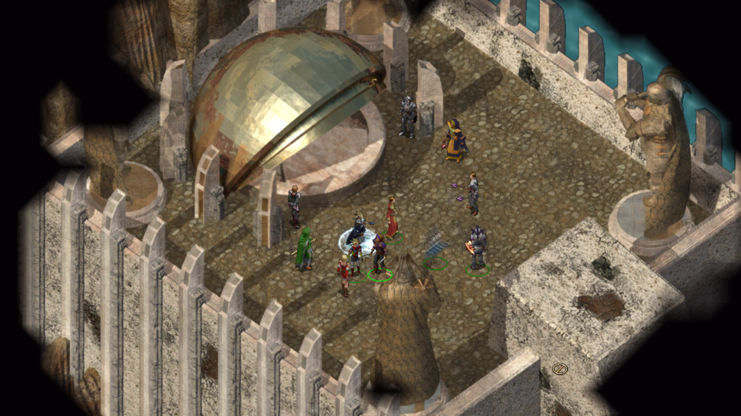 An encounter on the roof of a temple in Baldur's Gate 2.