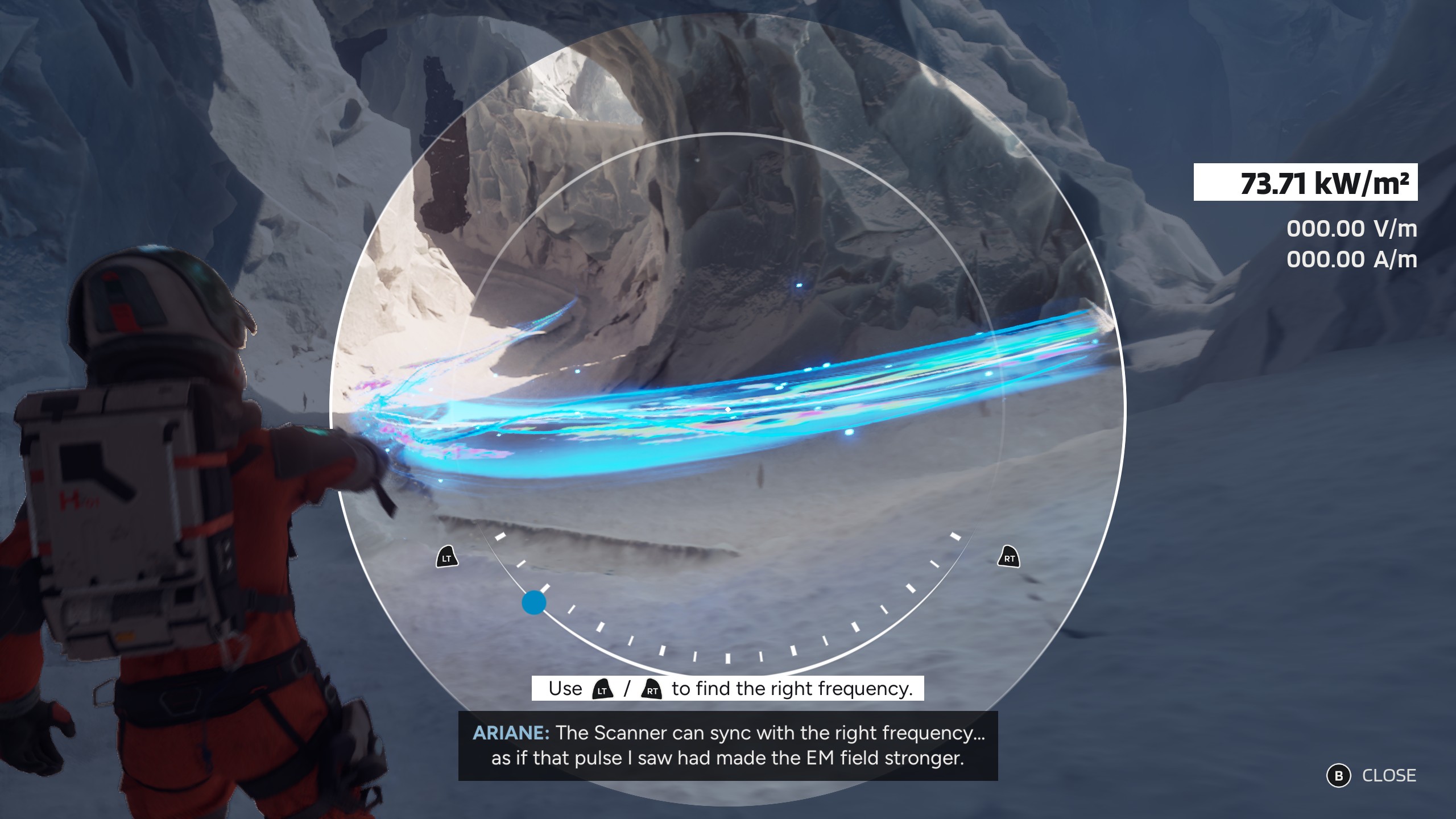 Ariane using her scanner tool in an icy, open area 