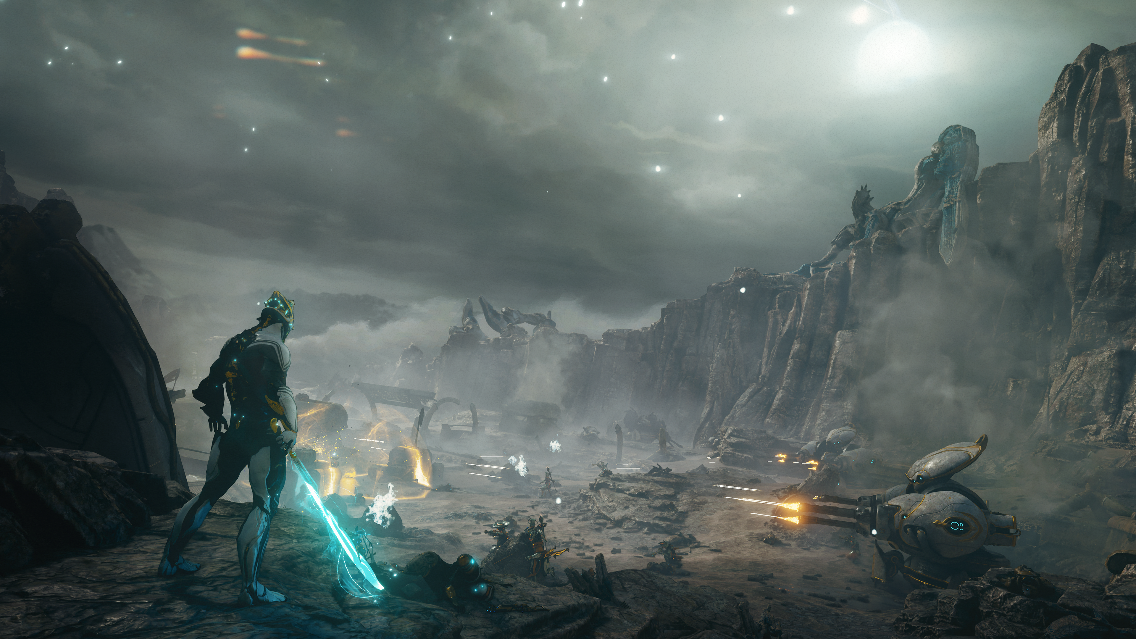 An Excalibur Prime warframe looks out across a battlefield in Warframe: The Old Peace.
