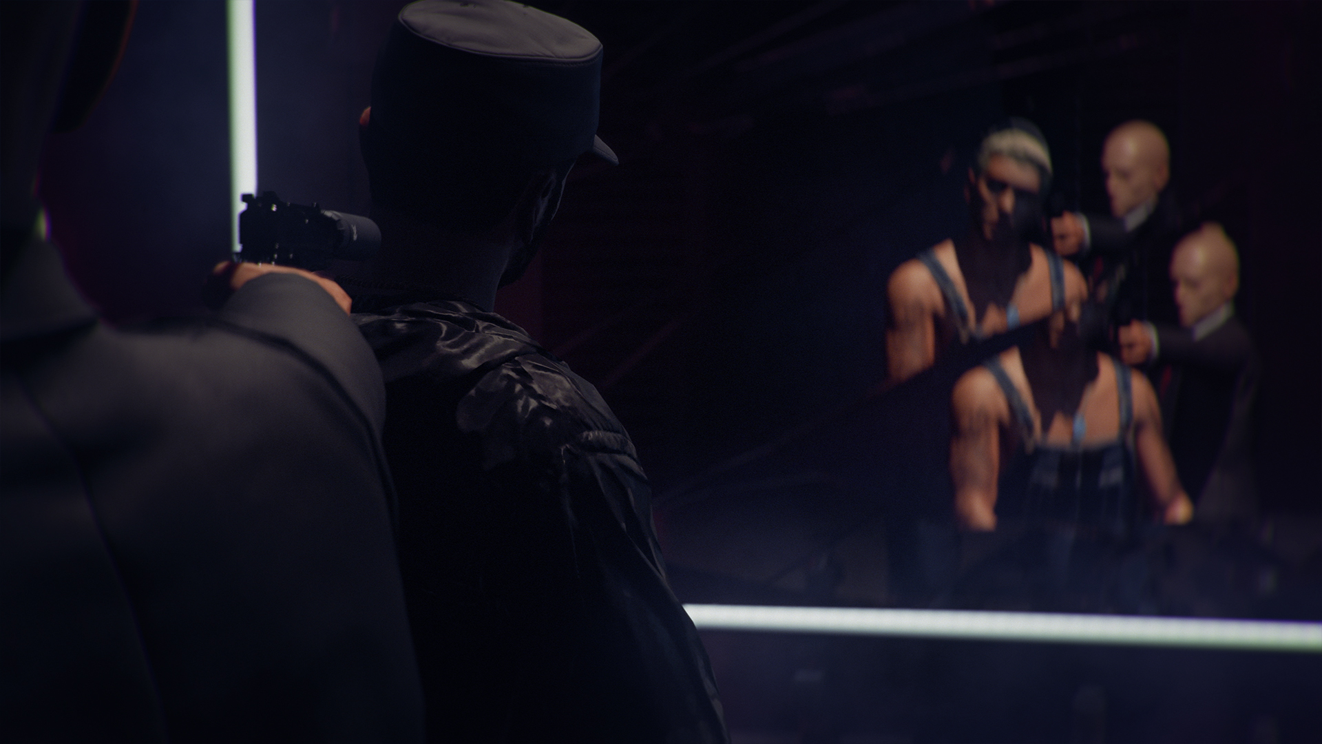 Agent 47 points a pistol at the back of Eminem's head. In a mirror in front of them, the reflection shows Slim Shady in Eminem's place. It's, you know, existential.