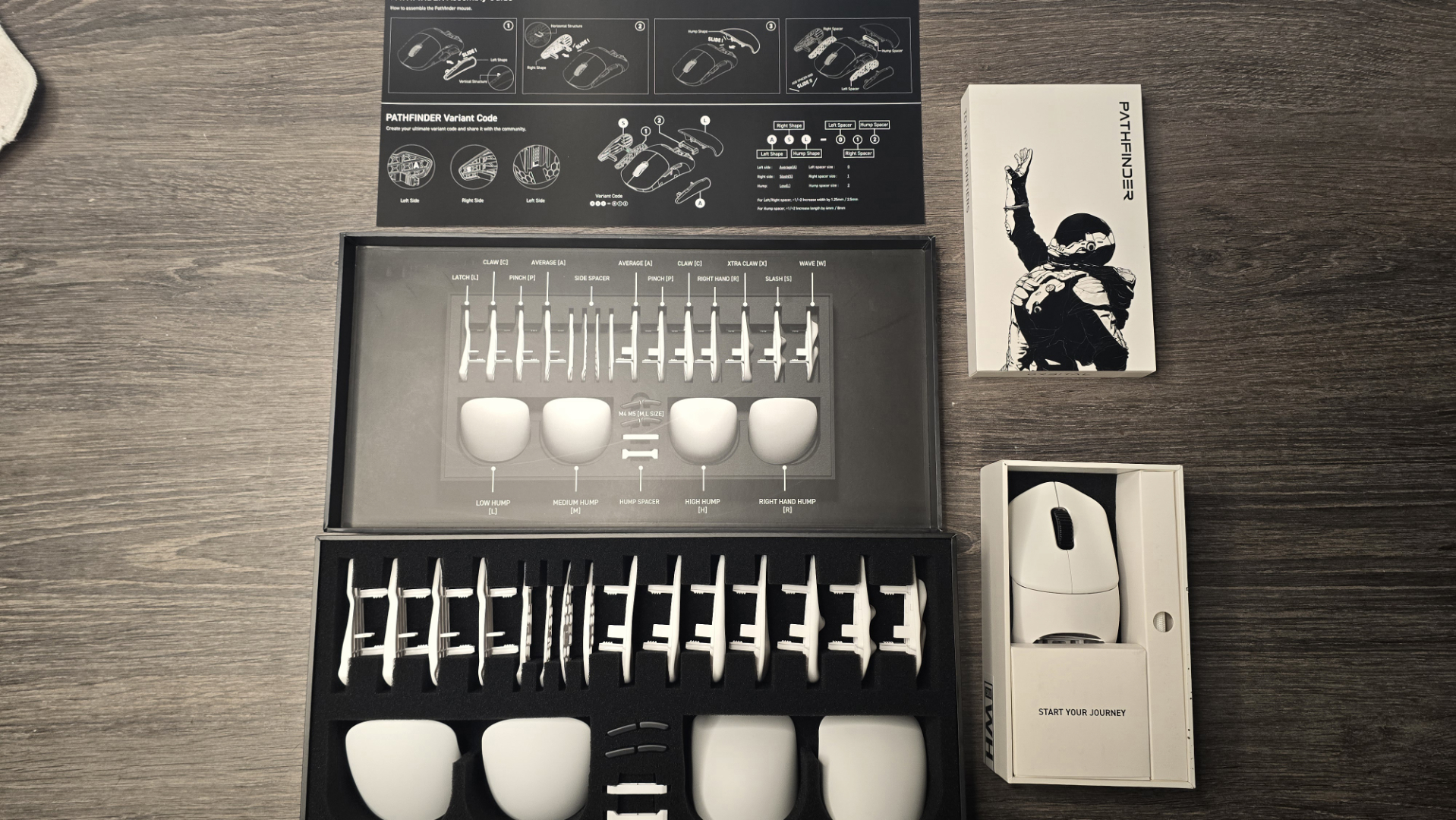 Orbital Pathfinder gaming mouse with various attachments.