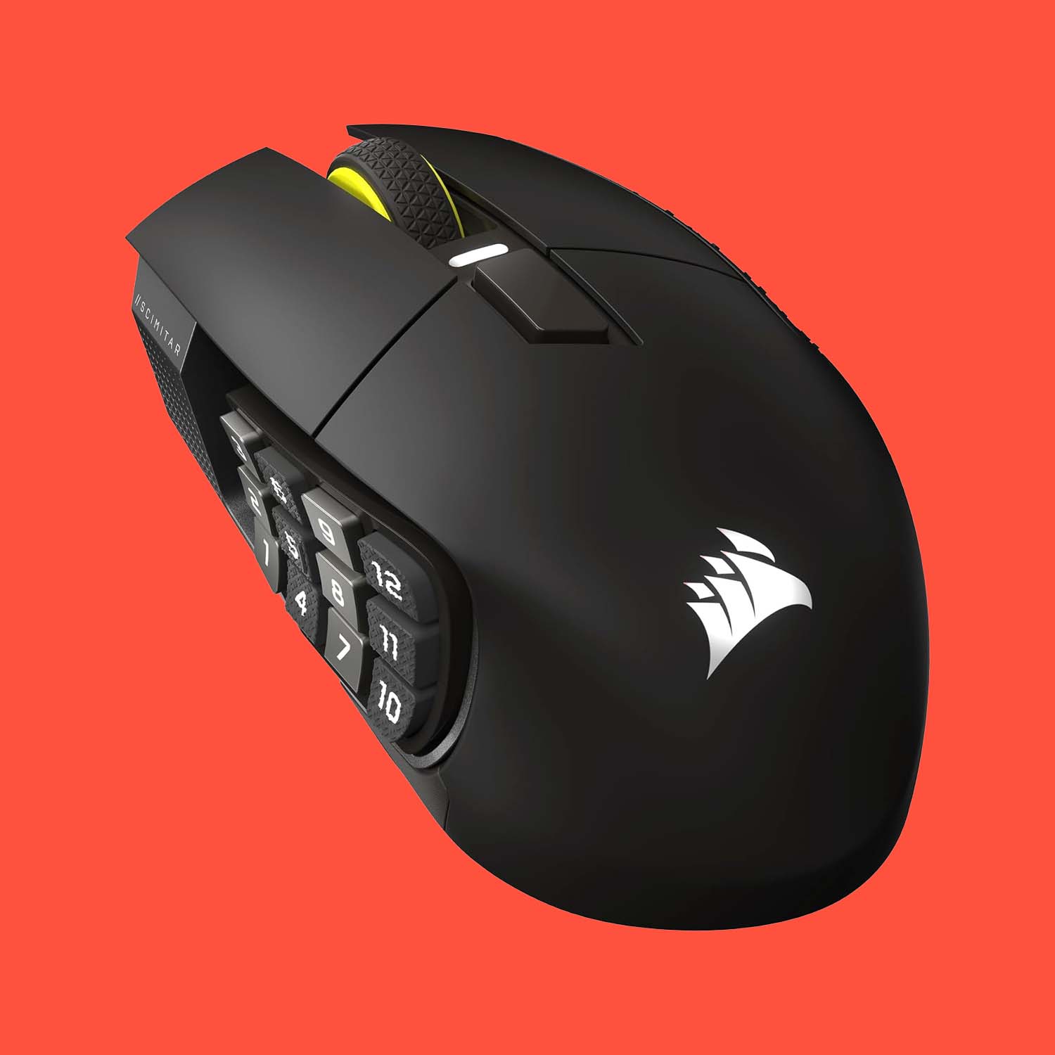 Corsair Scimitar Elite Wireless SE gaming mouse on a red background