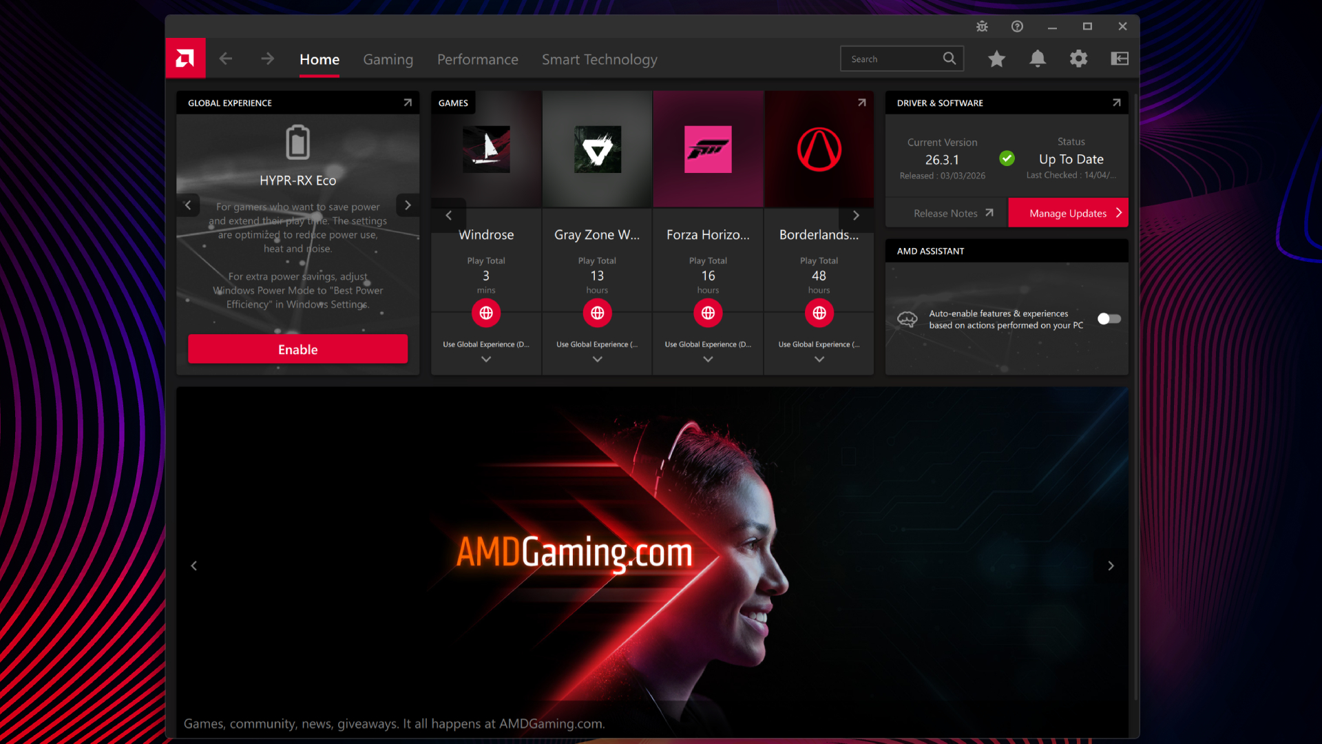 A screenshot of AMD's Adrenaline app homepage, on a colorful background