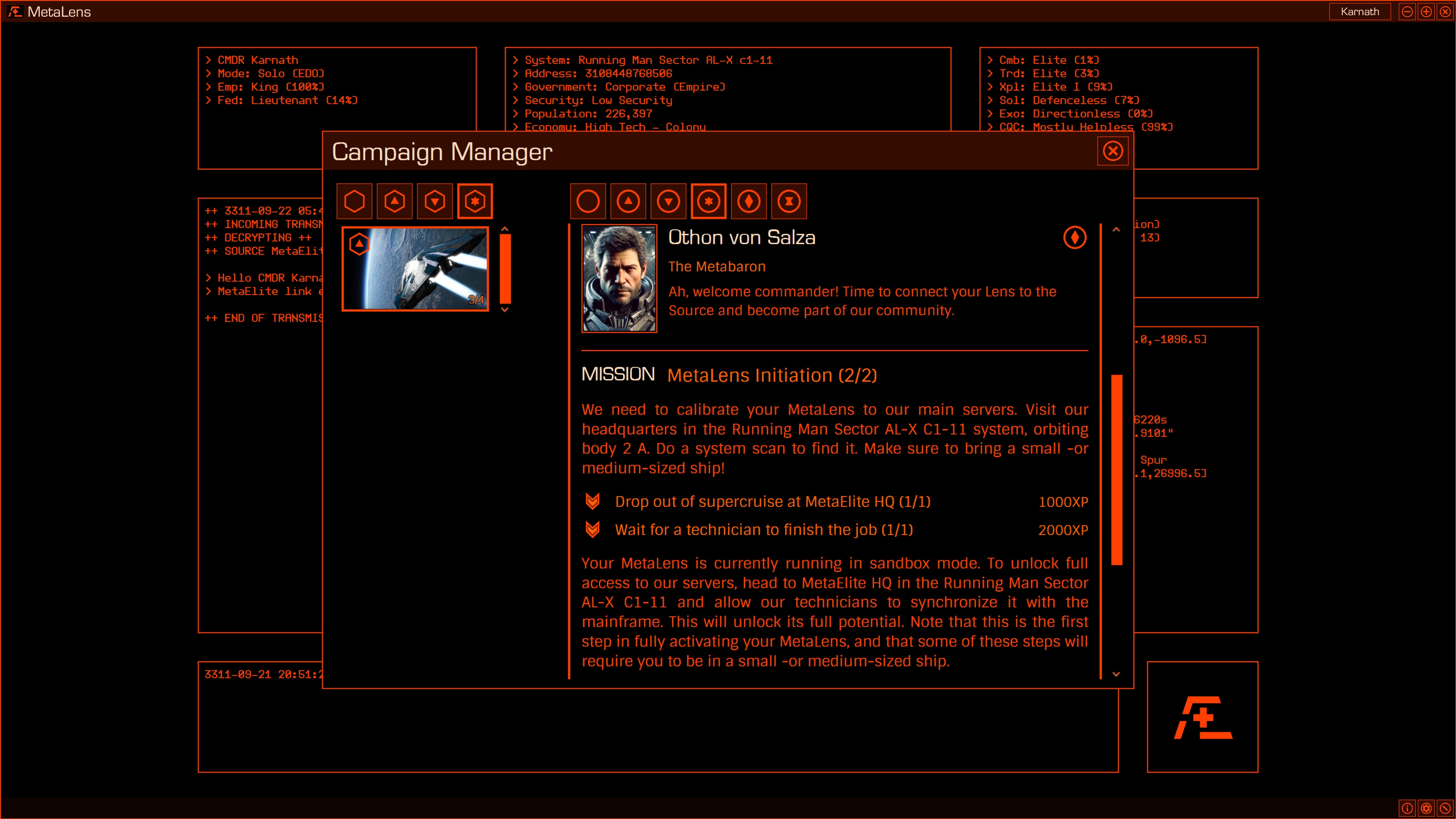 A mock red and black computer interface displaying MetaElite mission description. 