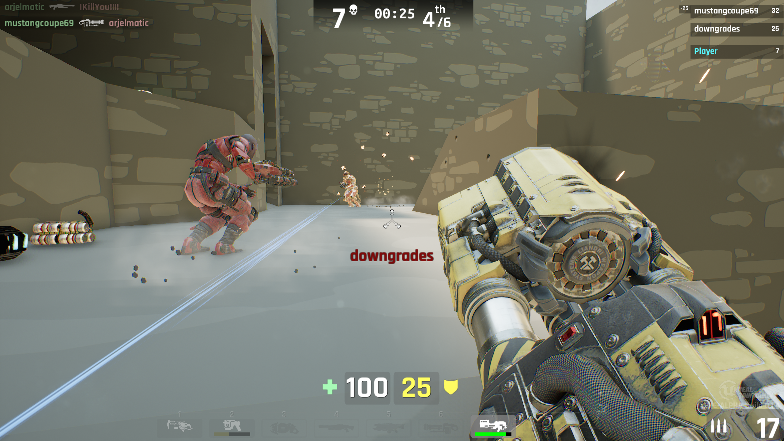 The FPS game Unreal Tournament being played; a Flak Cannon is shown.