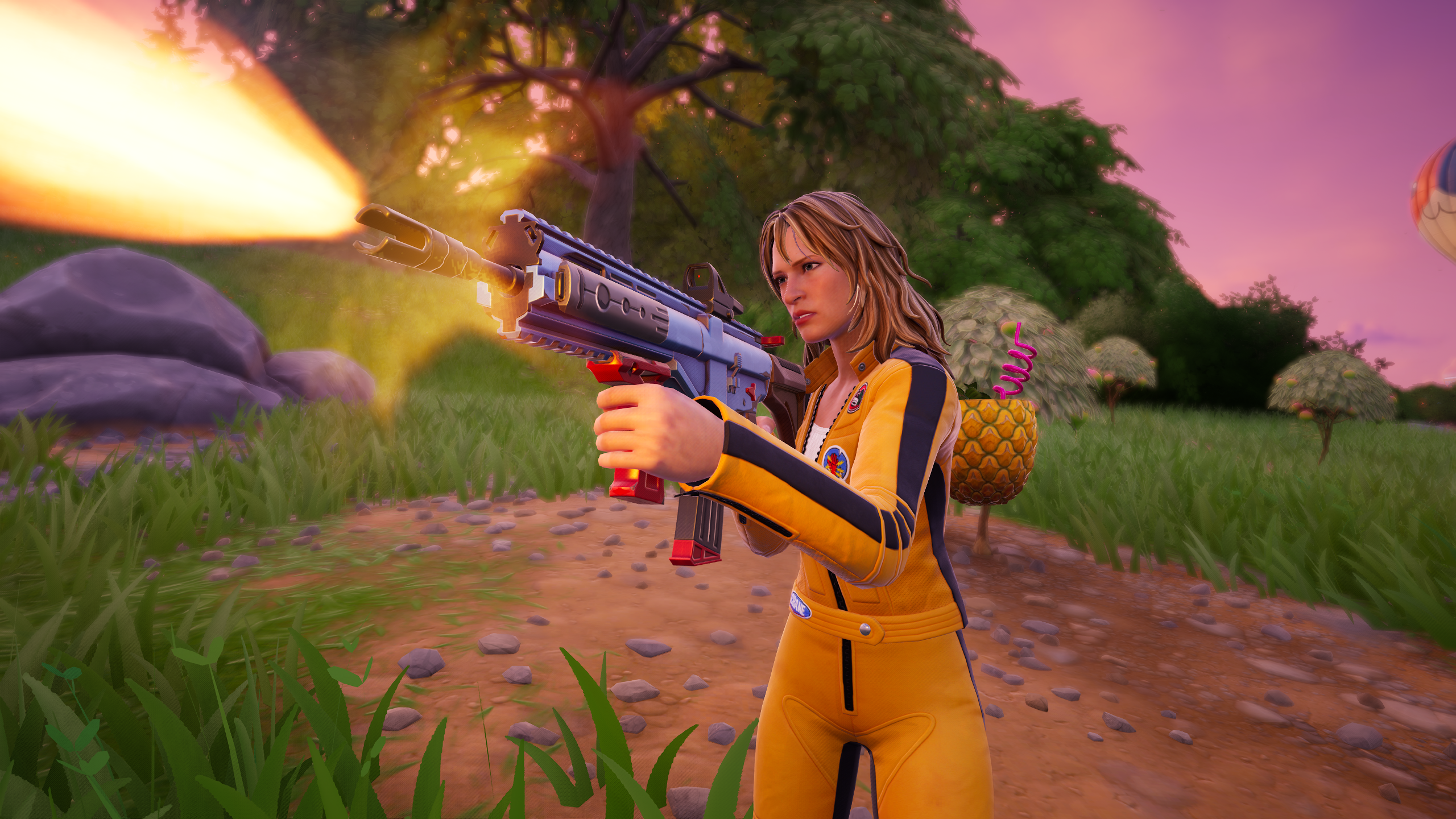 A Fortnite version of Kill Bill wields a MK7 as it fires out.