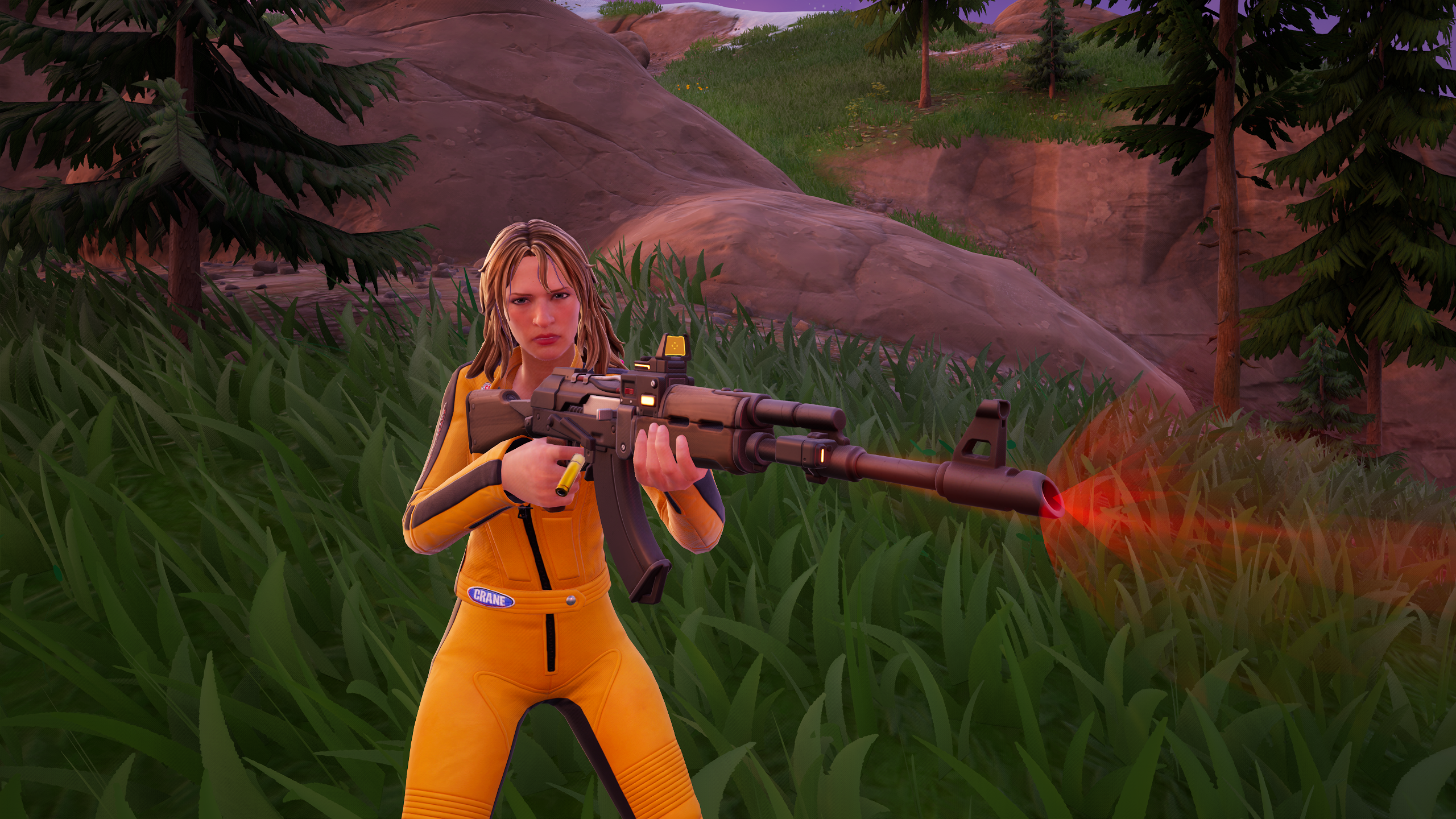 A Fortnite version of Kill Bill wields a long rifle, which glows red at the end.