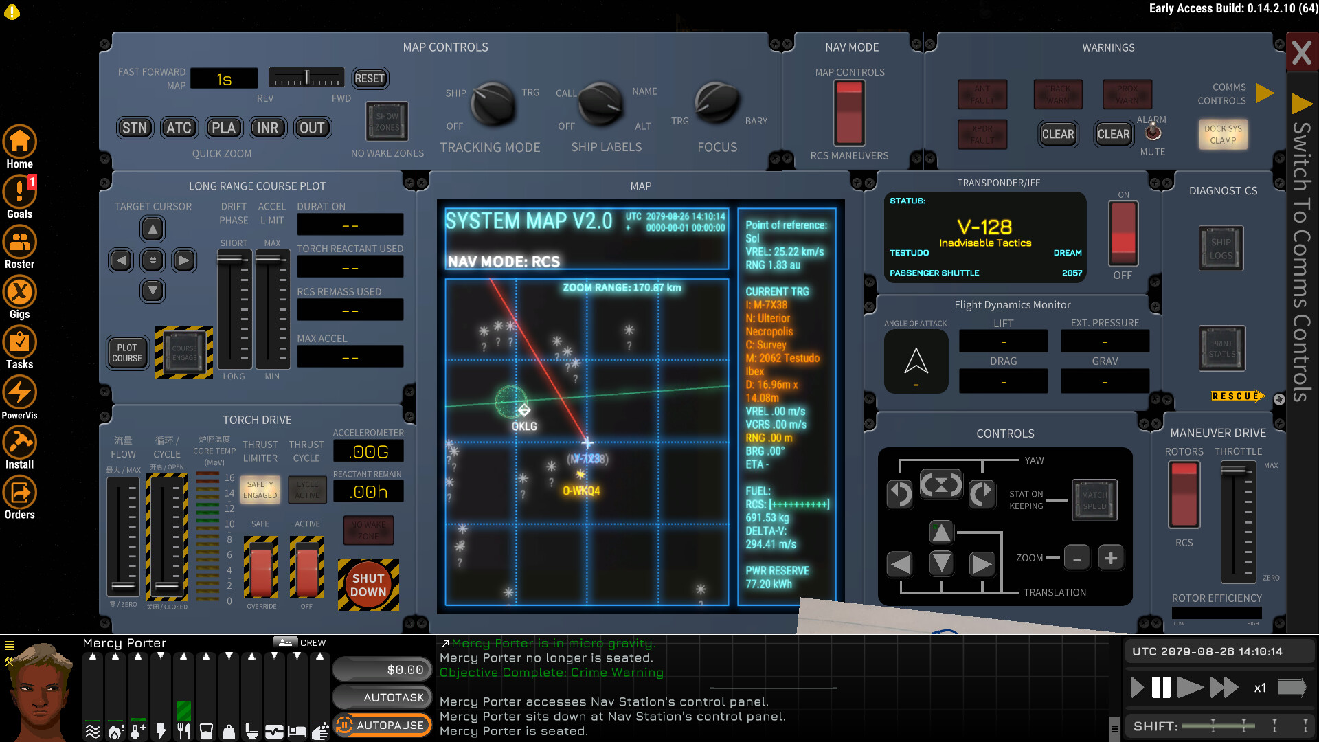 Ostranauts navigation and System Map console, showing a series of technical switches, gauges, and meters.