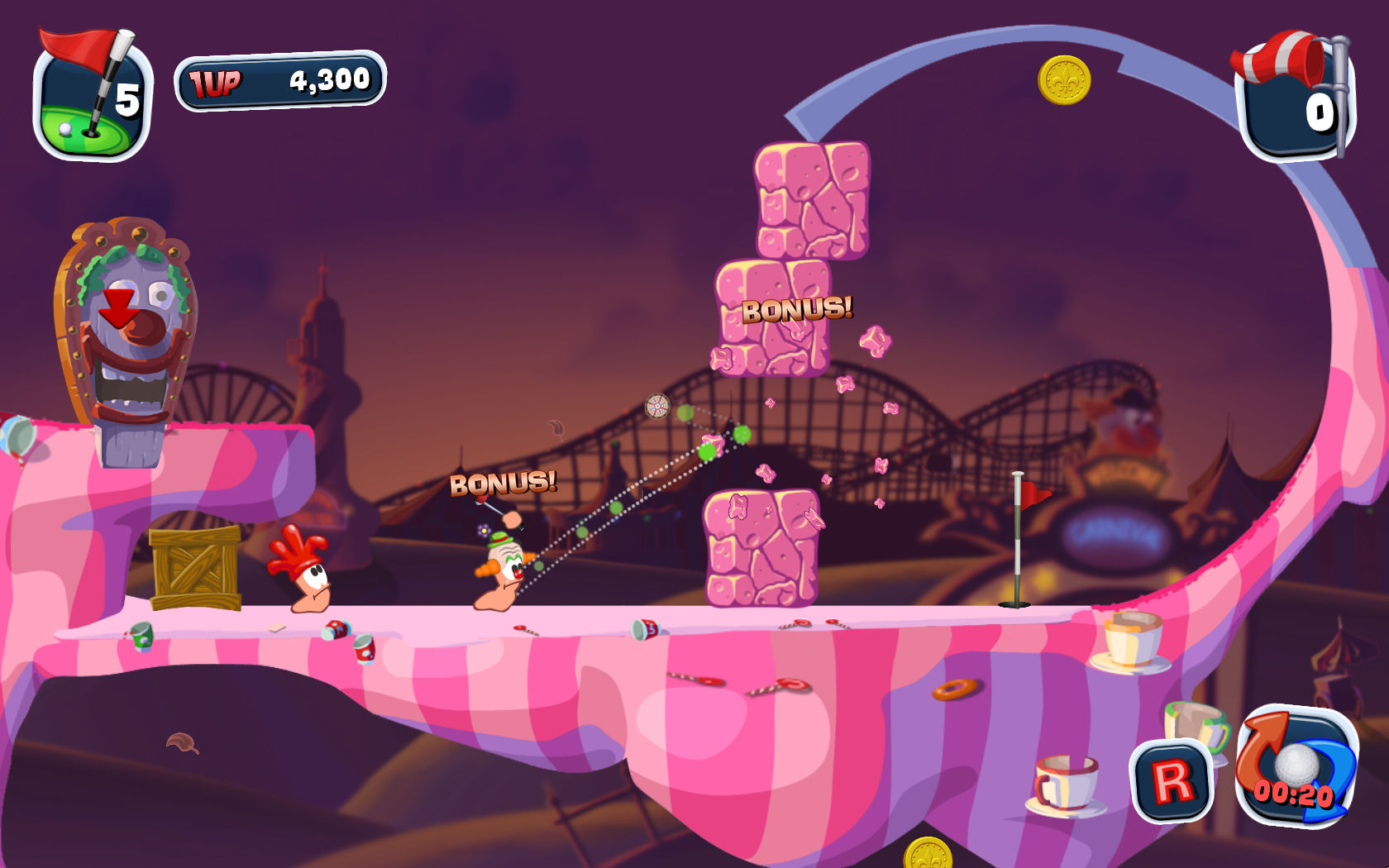 Worms playing golf, crazily