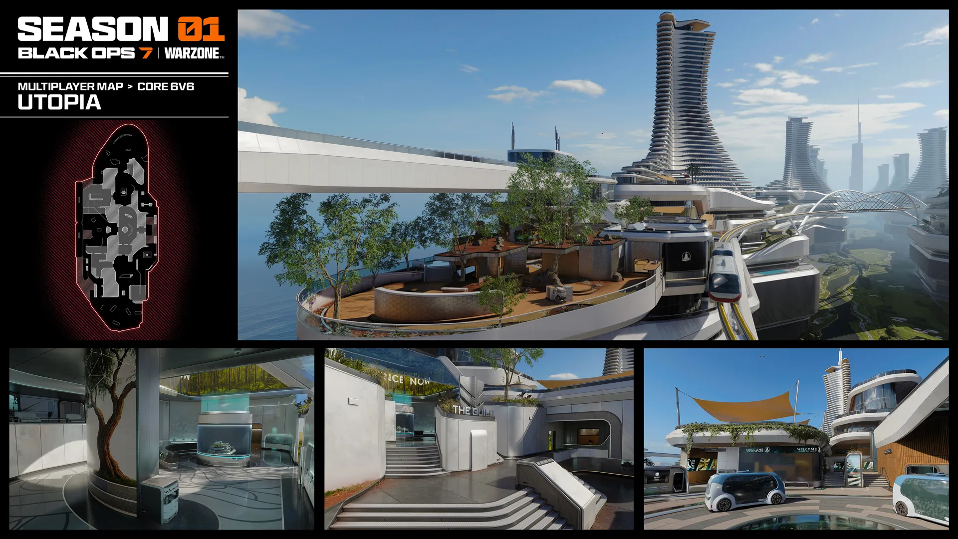 Black Ops 7 Season 1: An official gallery overview image for the Utopia map, showing multiple different angles and locations.
