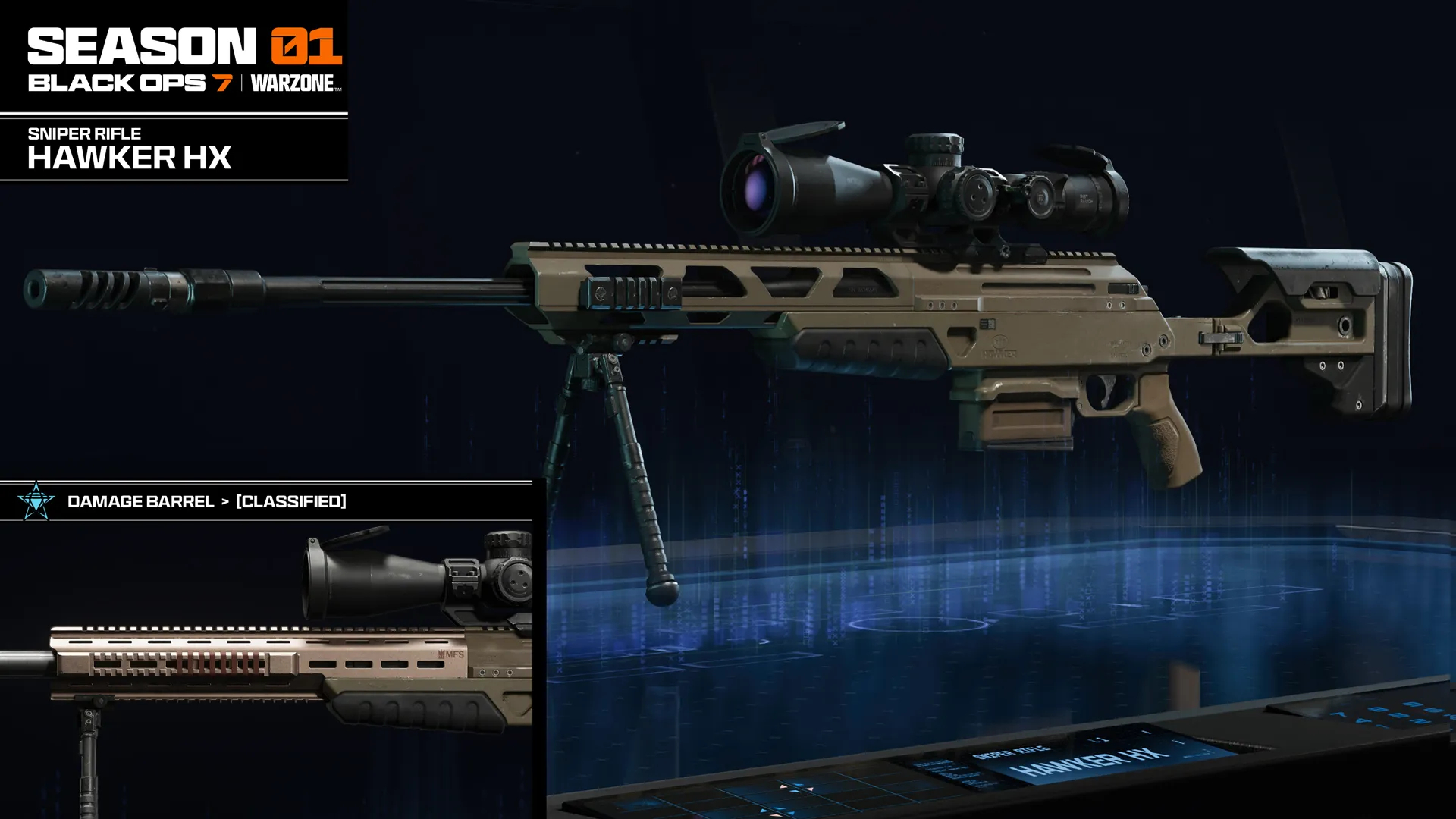 Black Ops 7 Season 1: The Hawker HX sniper against a dark blue background, and a box in the bottom left highlighting it's unique attachment.