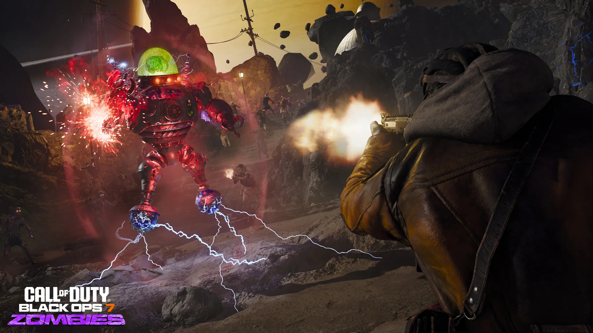 Black Ops 7 Season 1: Key art showing a character shooting at the robotic O.S.C.A.R. enemy in a rocky crevice.