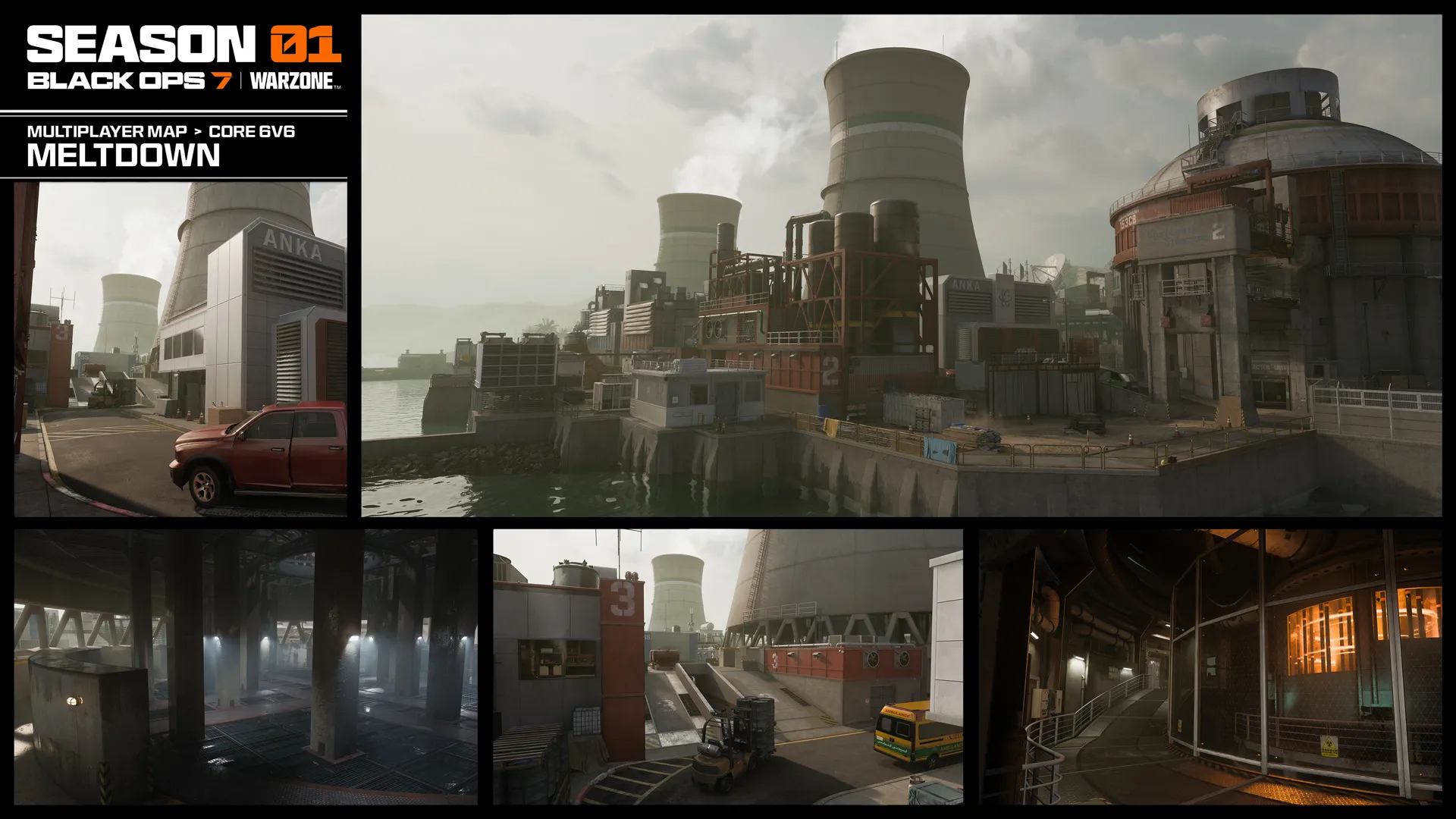 Black Ops 7 Season 1: An official gallery overview image for the Meltdown map, showing multiple different angles and locations.