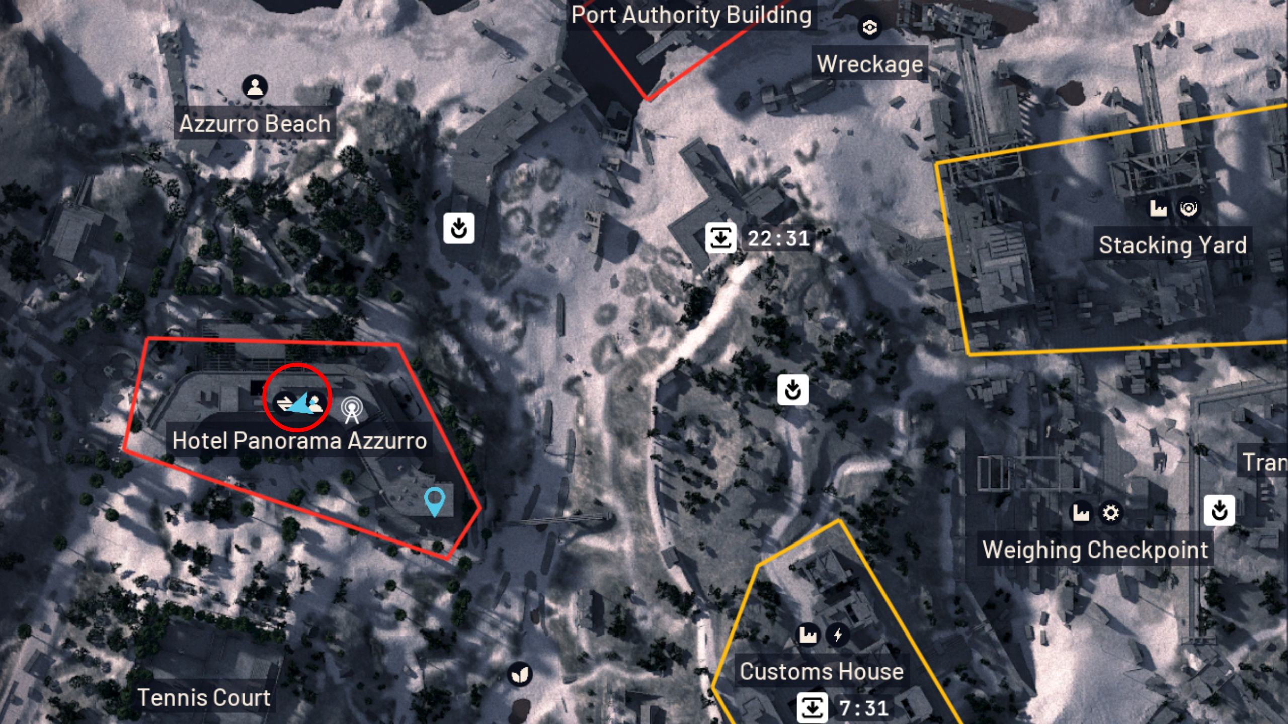 Arc Raiders Safe Harbor: A map of Riven Tide with a red circle highlighting a location in Hotel Panorama Azzurro.