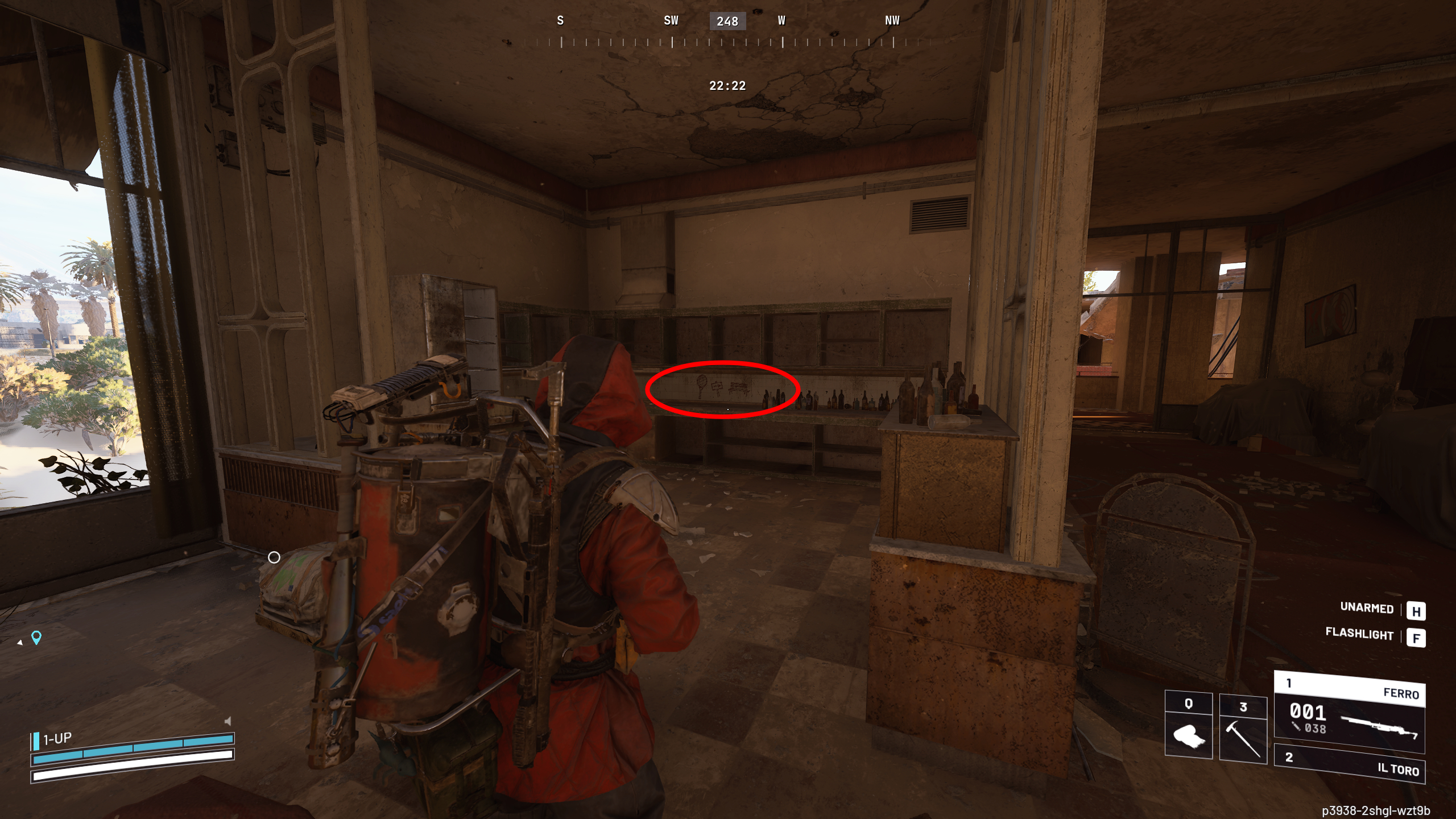 Arc Raiders Safe Harbor: A player looking at the kitchen area of the hotel restaurant, with a red oval specifically drawing attention to symbols written on the wall.