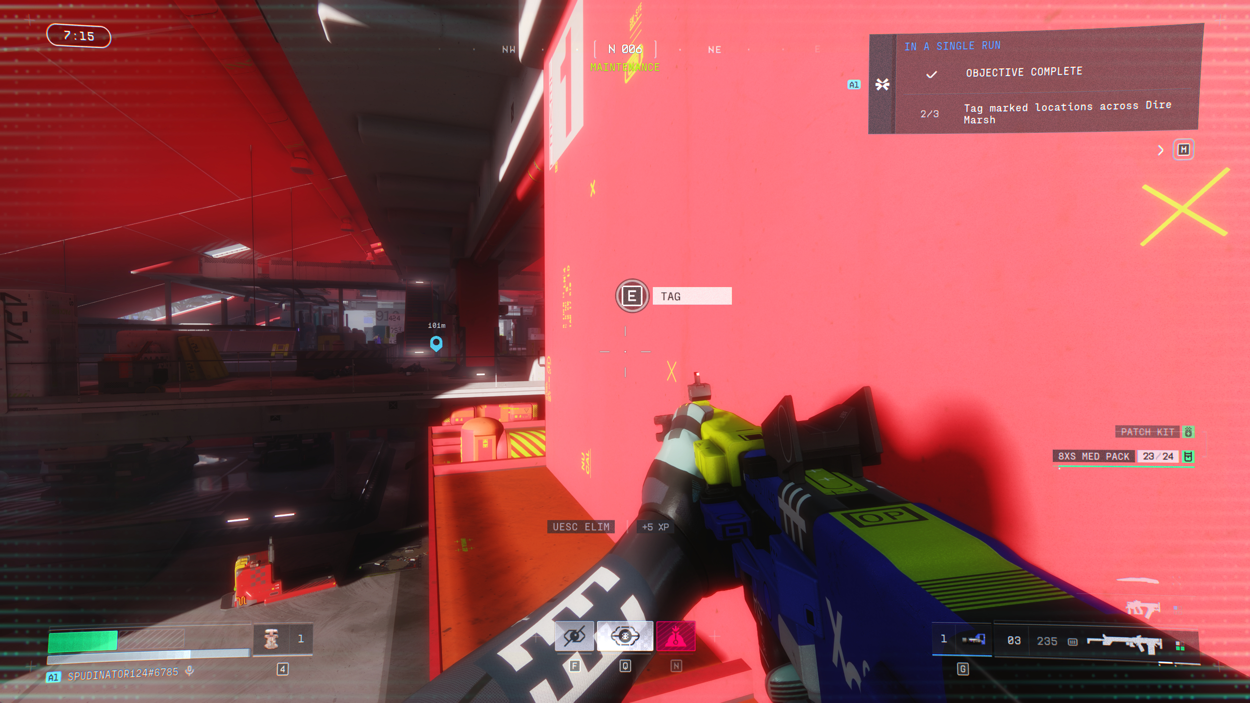 Marathon tag marked locations: A player looking at the red pillar in the hangar area of Maintenance.