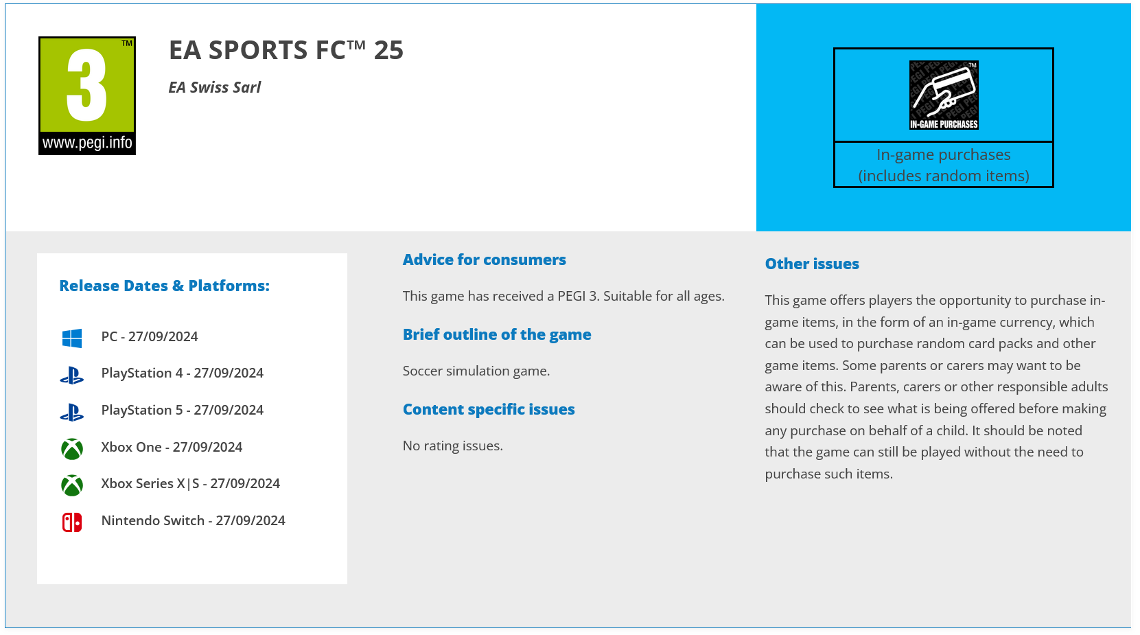 EA Sports FC 25 PEGI rating