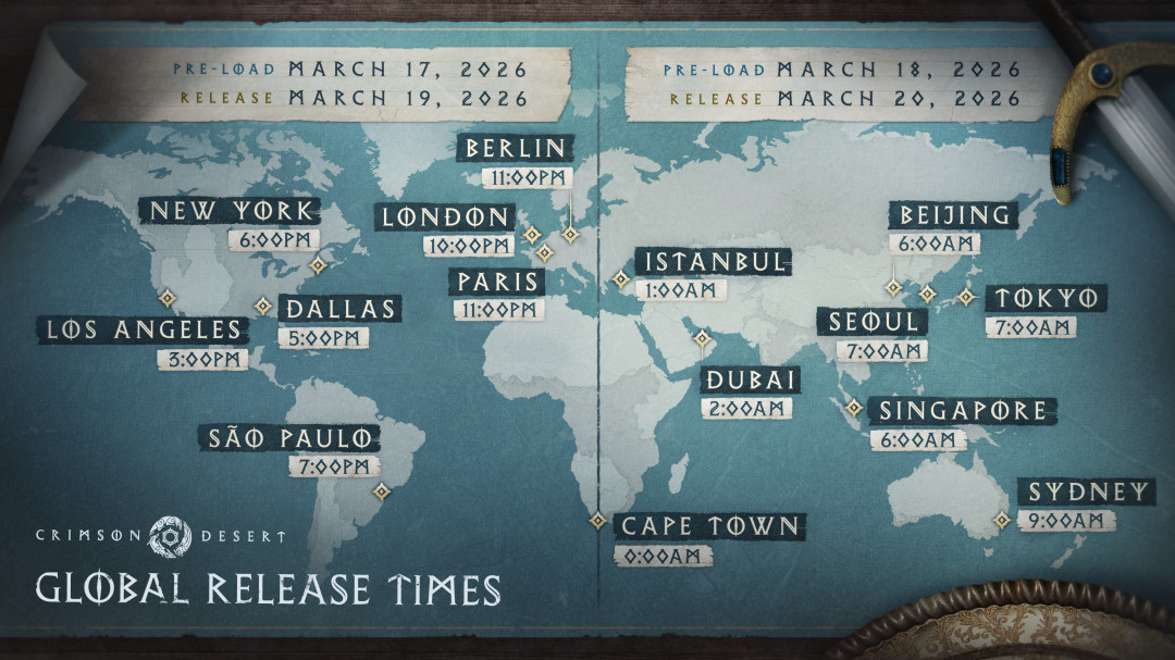A map displaying launch times for Crimson Desert around the world.