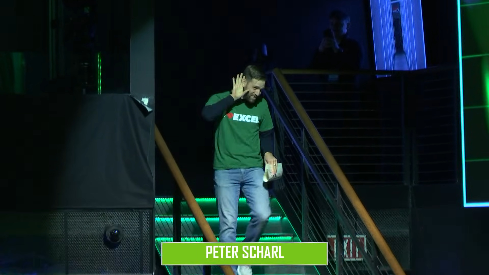 Microsoft Excel World Championship 2025 competitor Peter Scharl descending some stairs in  his intro sequence