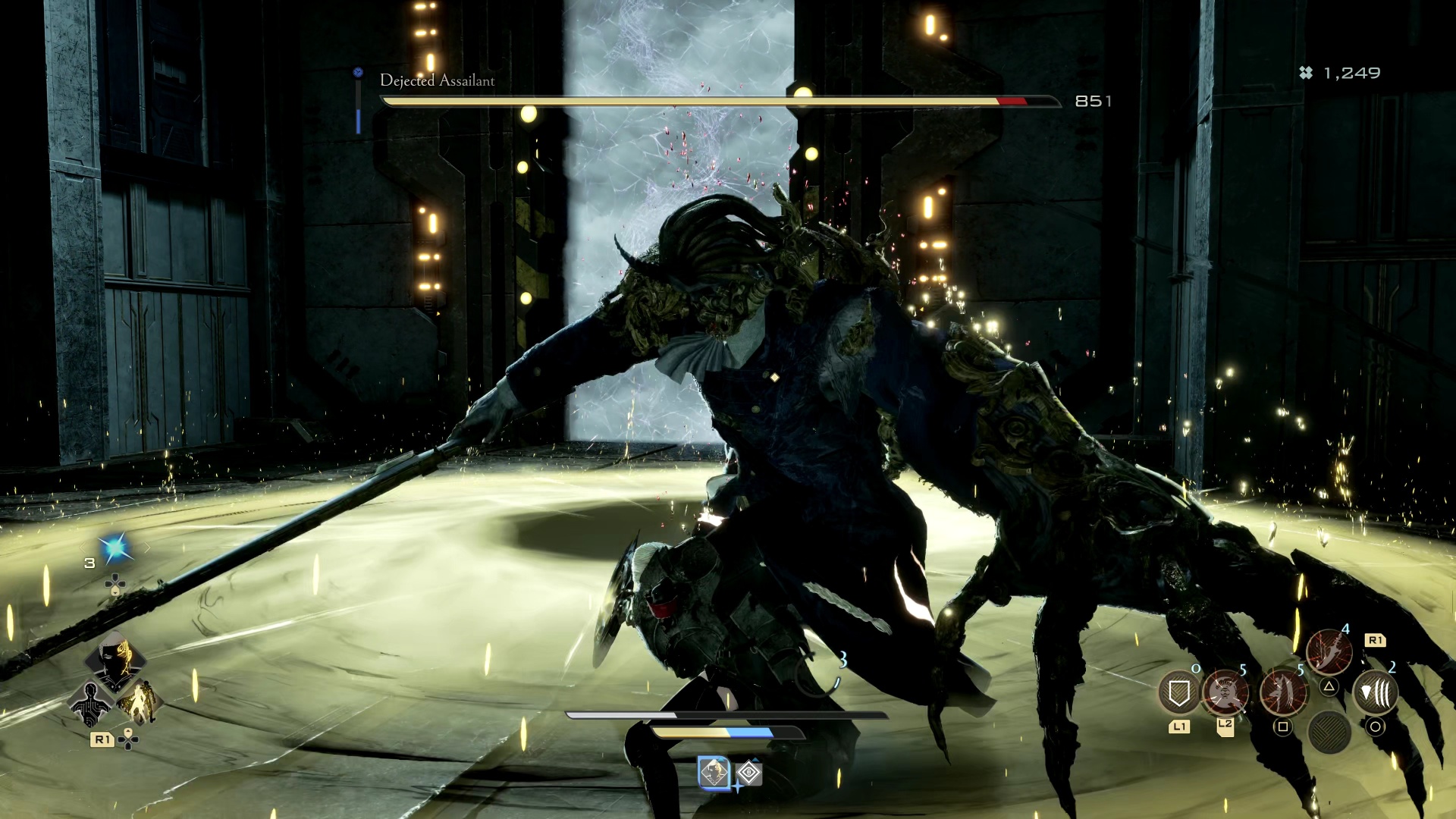 Code Vein 2 Franz Dejected Assailant boss guide: The player fighting Franz, who's stuck in a yellow, glowing attack.