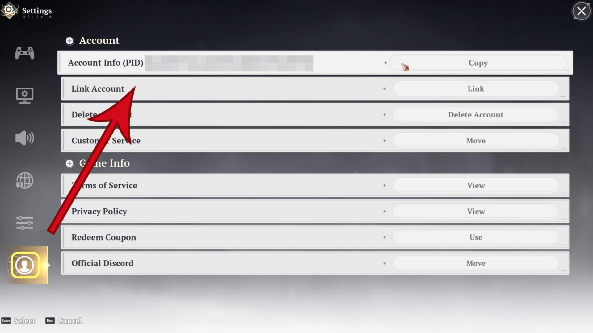 The Seven Deadly Sins - The account information UI with a place to copy your Player ID at the top.