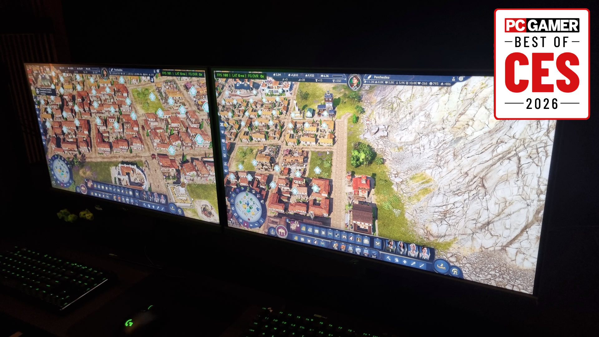 Two gaming monitors next to each other, the right using Nvidia G-Sync Pulsar, with the PC Gamer Best of CES 2026 badge in the top right