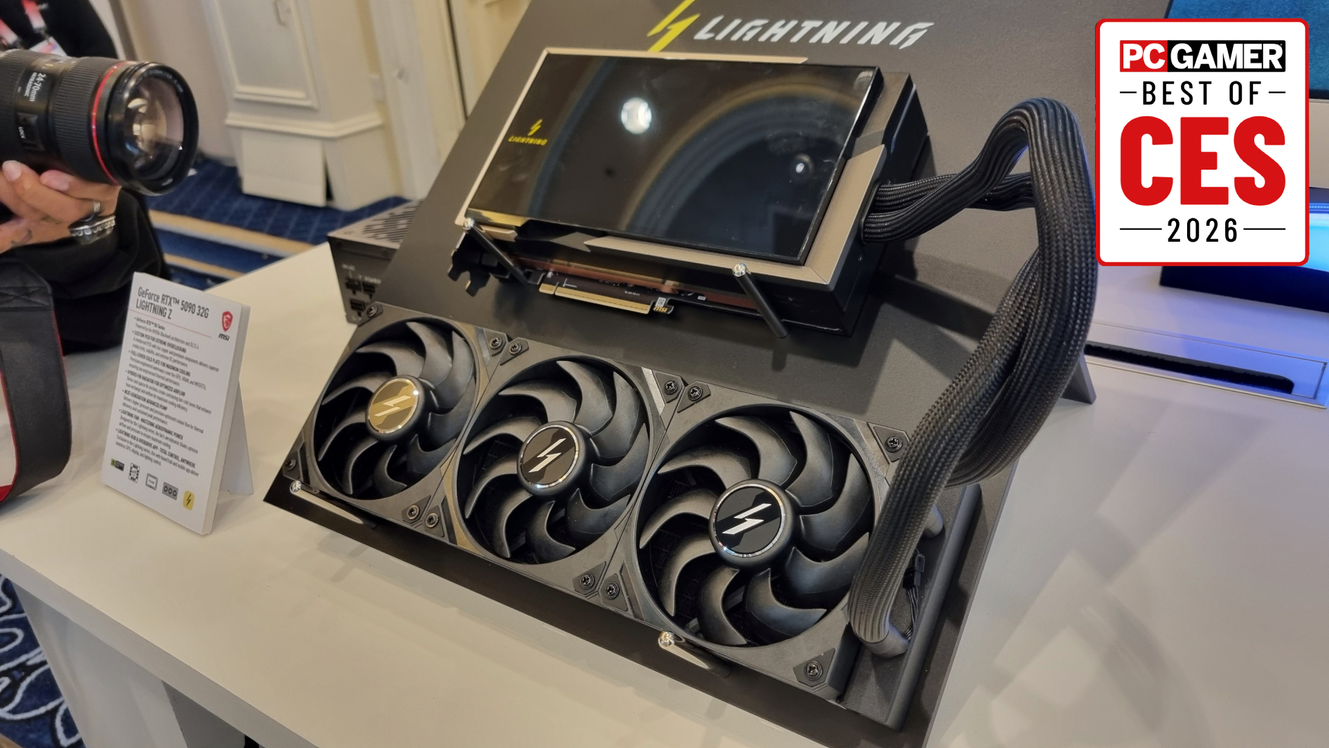 The MSI GeForce RTX 5090 32G Lightning Z graphics card on display at CES 2026, with a PC Gamer Best of CES 2026 badge in the top right