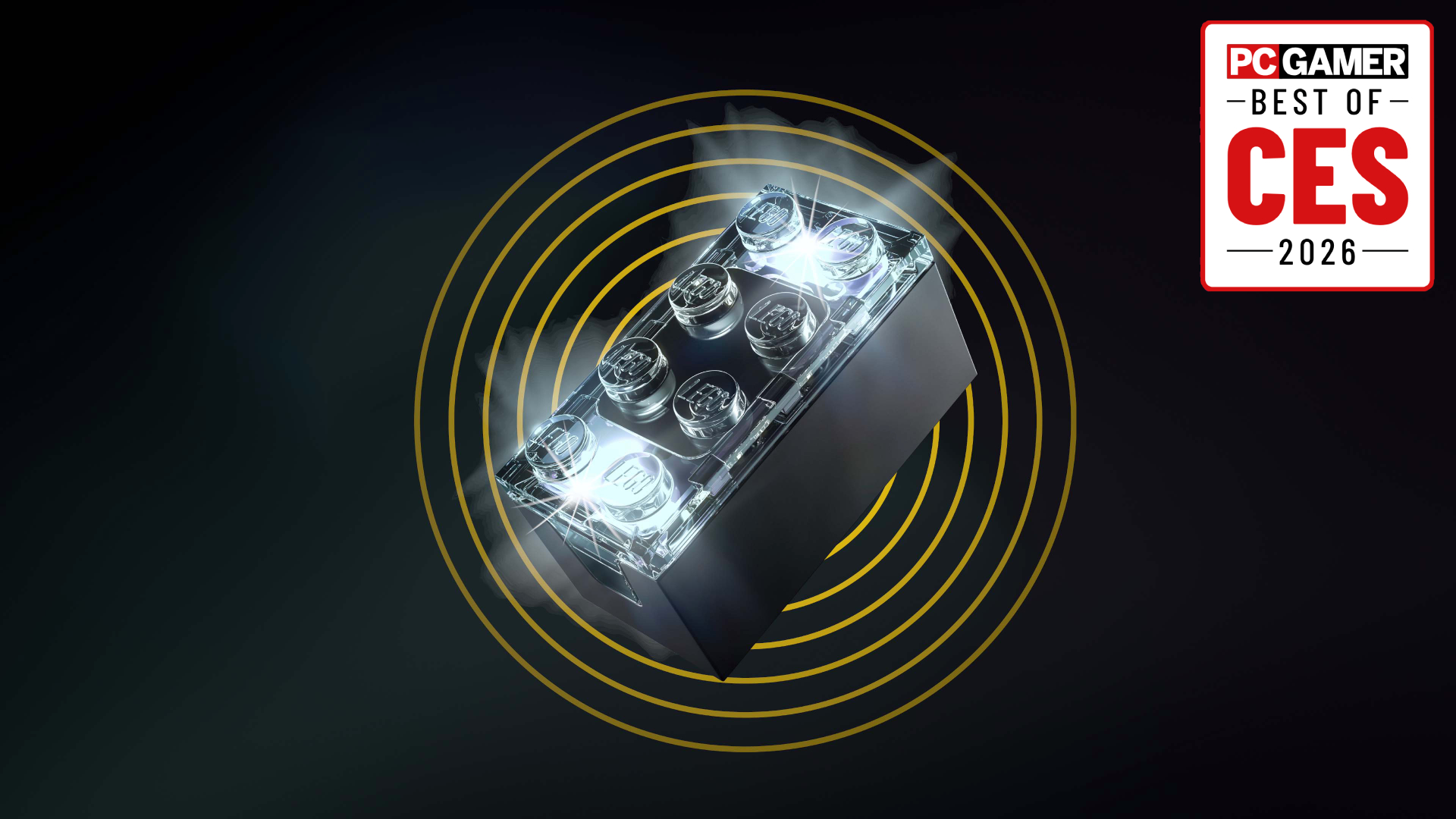 A Lego Smart Play brick on a black background surrounded by yellow rings, with a Best of CES 2026 badge in the top right