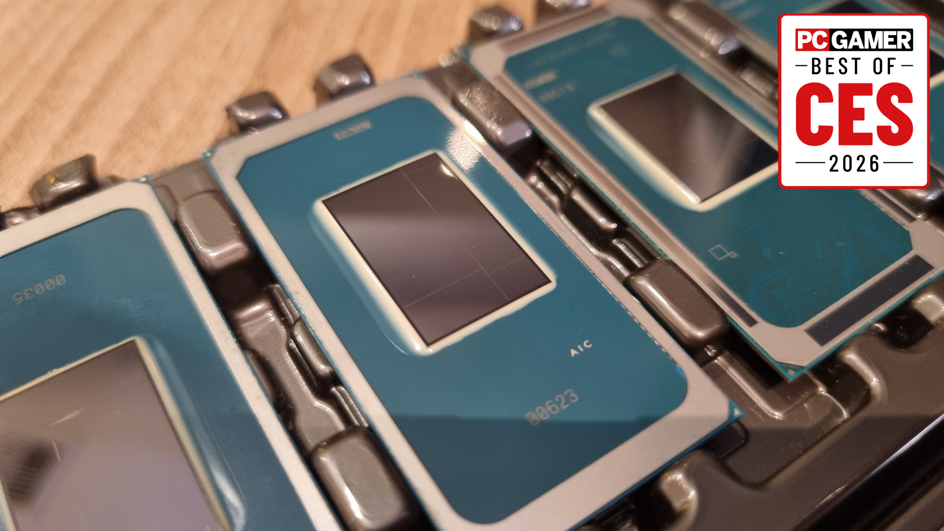 Several Intel Core Ultra Series 3 chips with a PC Gamer Best of 2026 badge in the top right