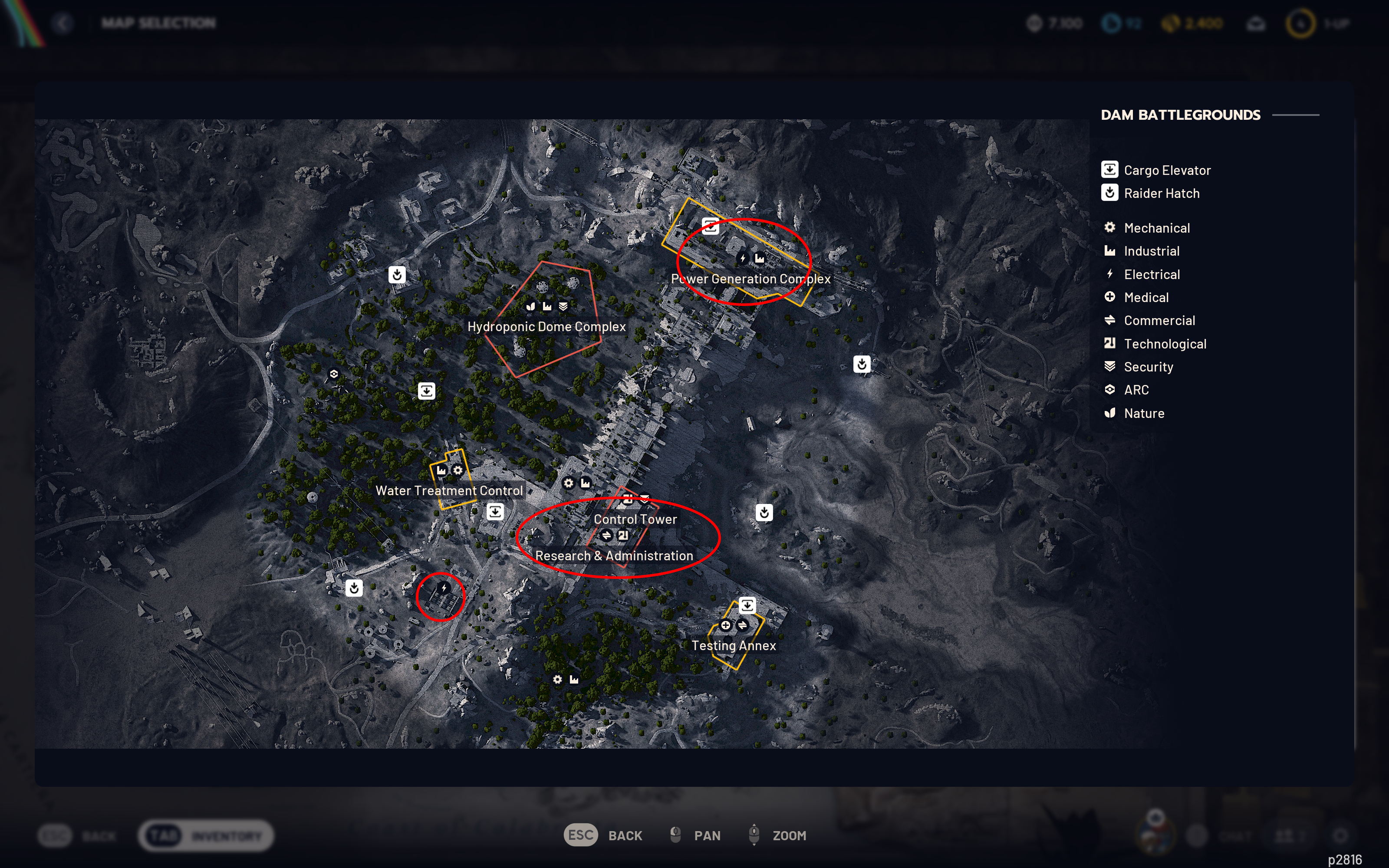 Arc Raiders wires battery locations: A map with three red circles/ovals to show where to find wires and batteries on Dam Battlegrounds.