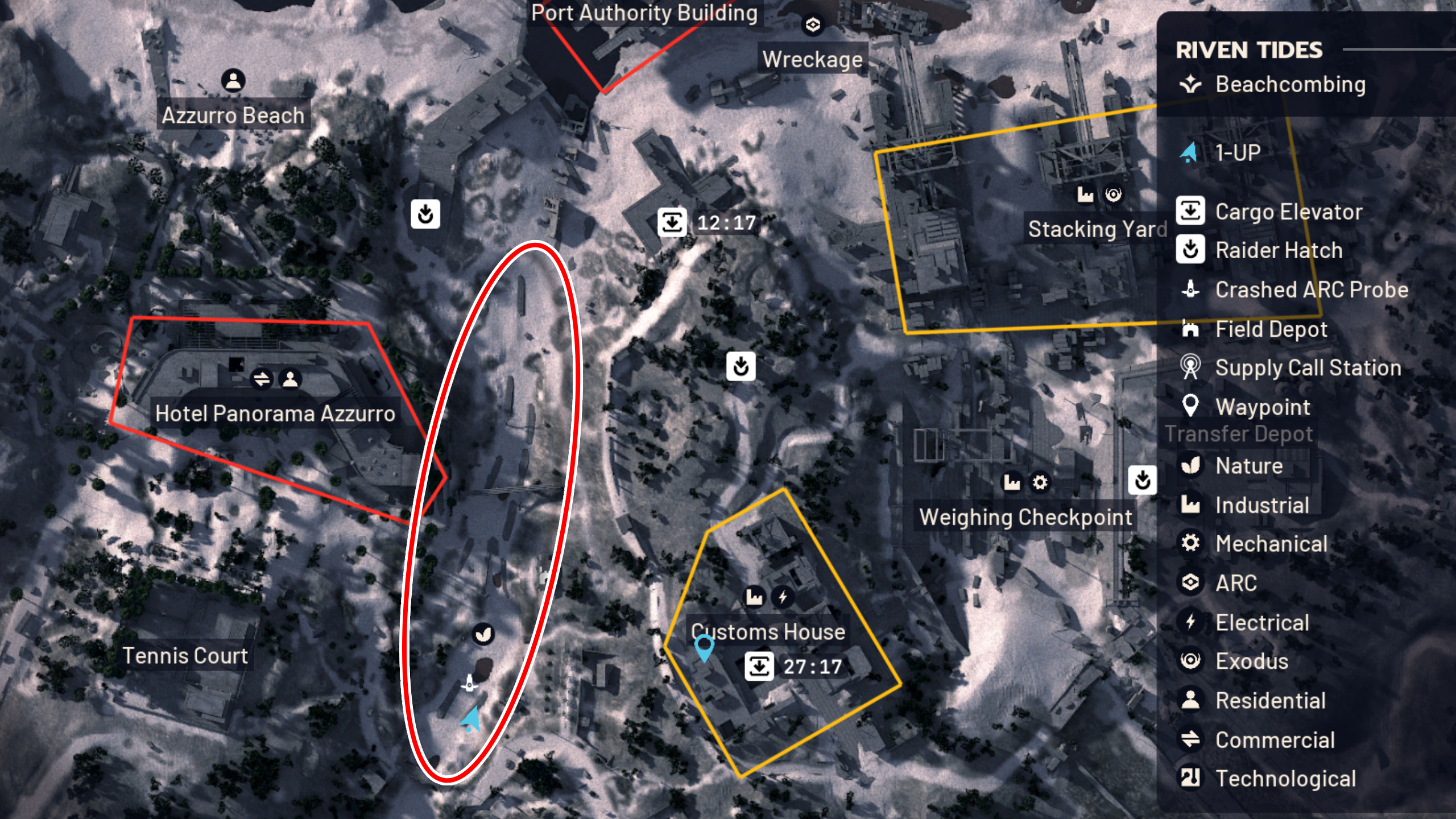 Arc Raiders Agave: A map of Riven Tides with a large red oval drawing attention to the Dried Riverbed area.