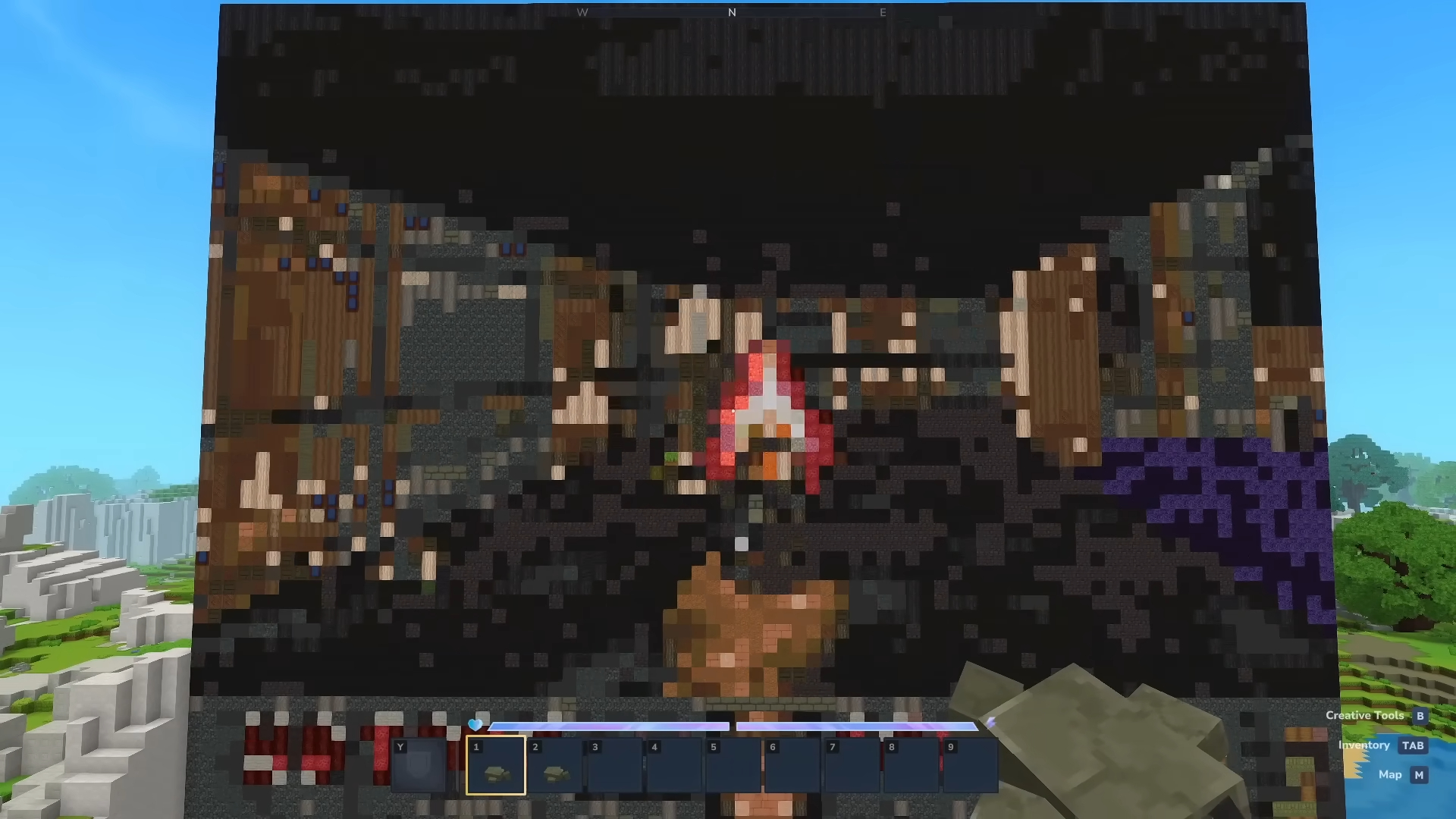 Hytale: A very pixelated screenshot of Doom gameplay inside Hytale, showing the character shooting at an enemy, displayed on a large 'screen' made of blocks.