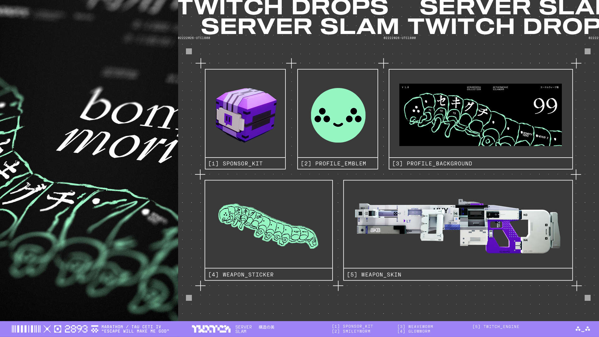 Marathon Twitch Drops: An infographic showing all the Twitch Drop rewards you can earn during the Server Slam.