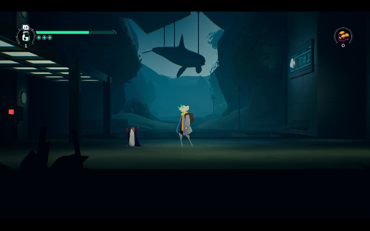 The protagonist of Possessor(s) stands in a dark room beneath a suspended dolphin statue