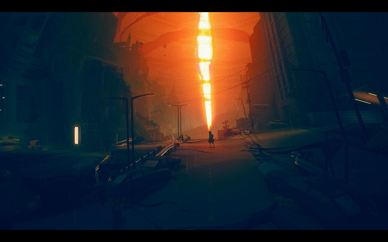 The protagonist of Possessor(s) stands in an empty city street with a disaster looming in the background