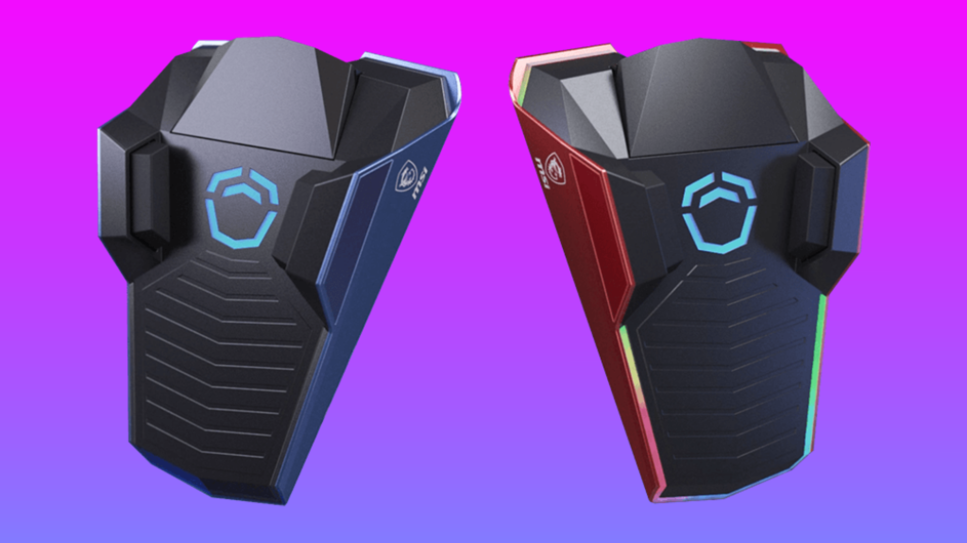 Two of the MSI liberator foot pedal peripherals float in a blue-pink gradient void. The peripheral on the left is blue, while the peripheral on the right is red.