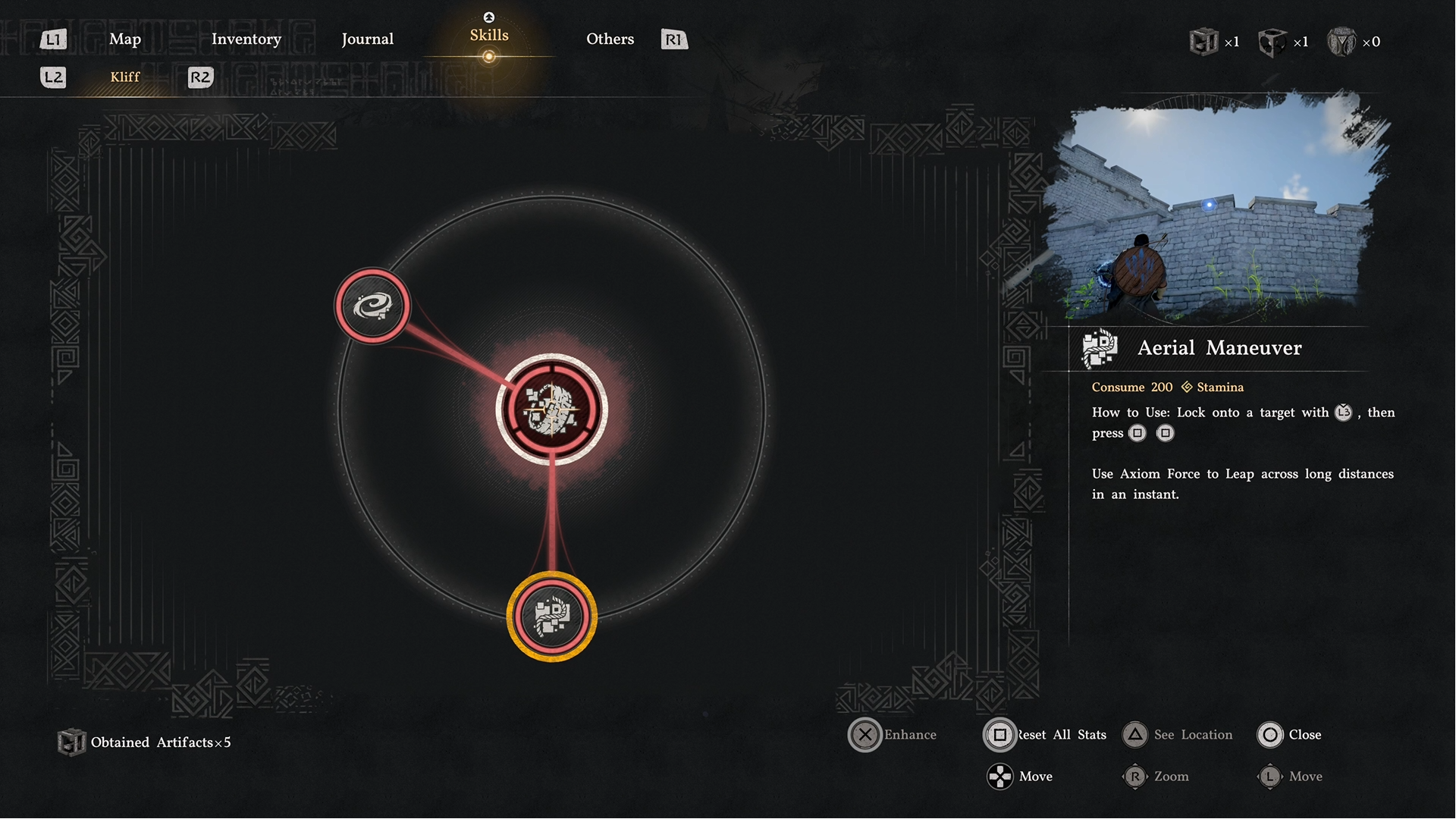 Skill trees from the Crimson Desert preview event, showcasing the ability to swing around like Spider-Man or Clothesline somebody.