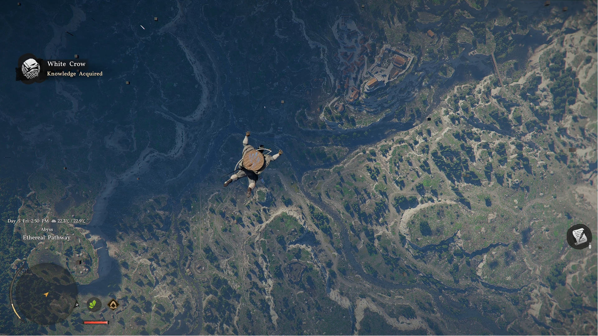 Screenshots of Crimson Desert from a preview event, displaying Kliff cooking, leaping off a sky island, and chopping down a tree.