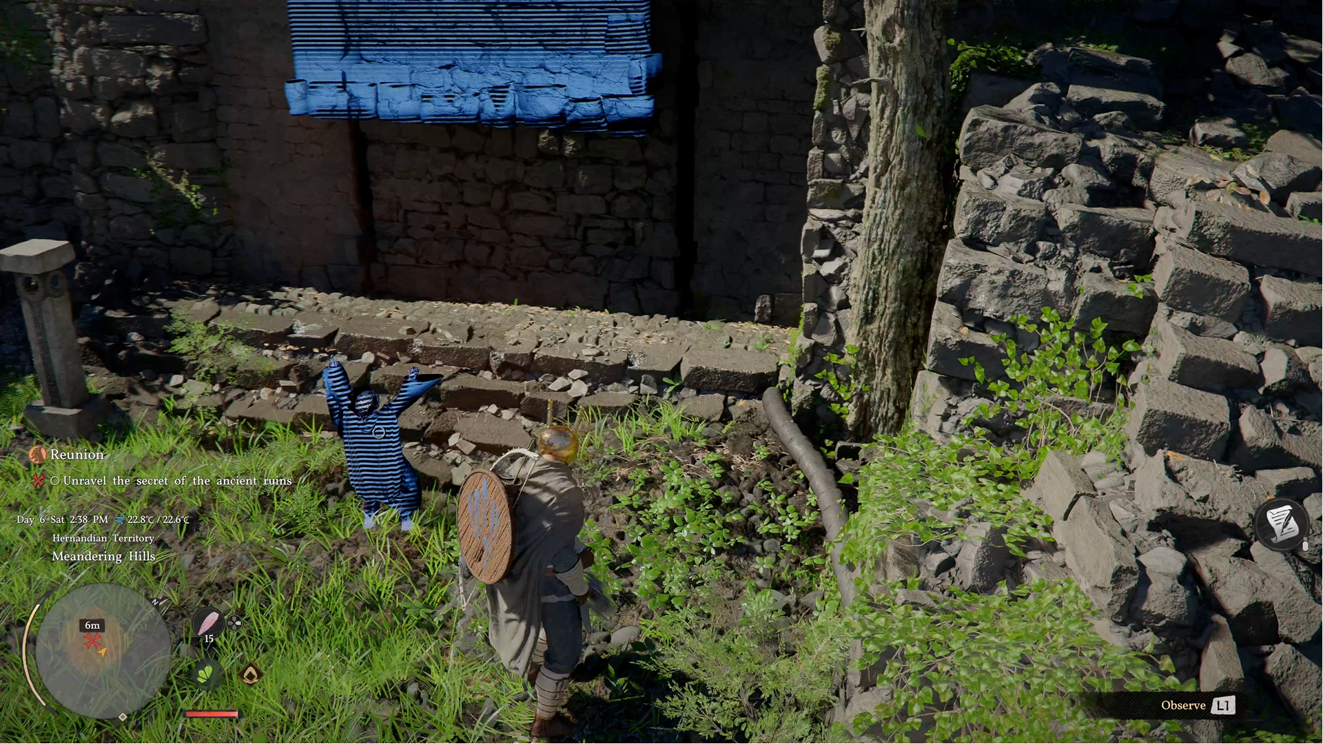 Screenshots obtained at a preview event for Crimson Desert, showing an old wizard, a helmet that replays ambient memories, and a small phantom child lifting a stone door.