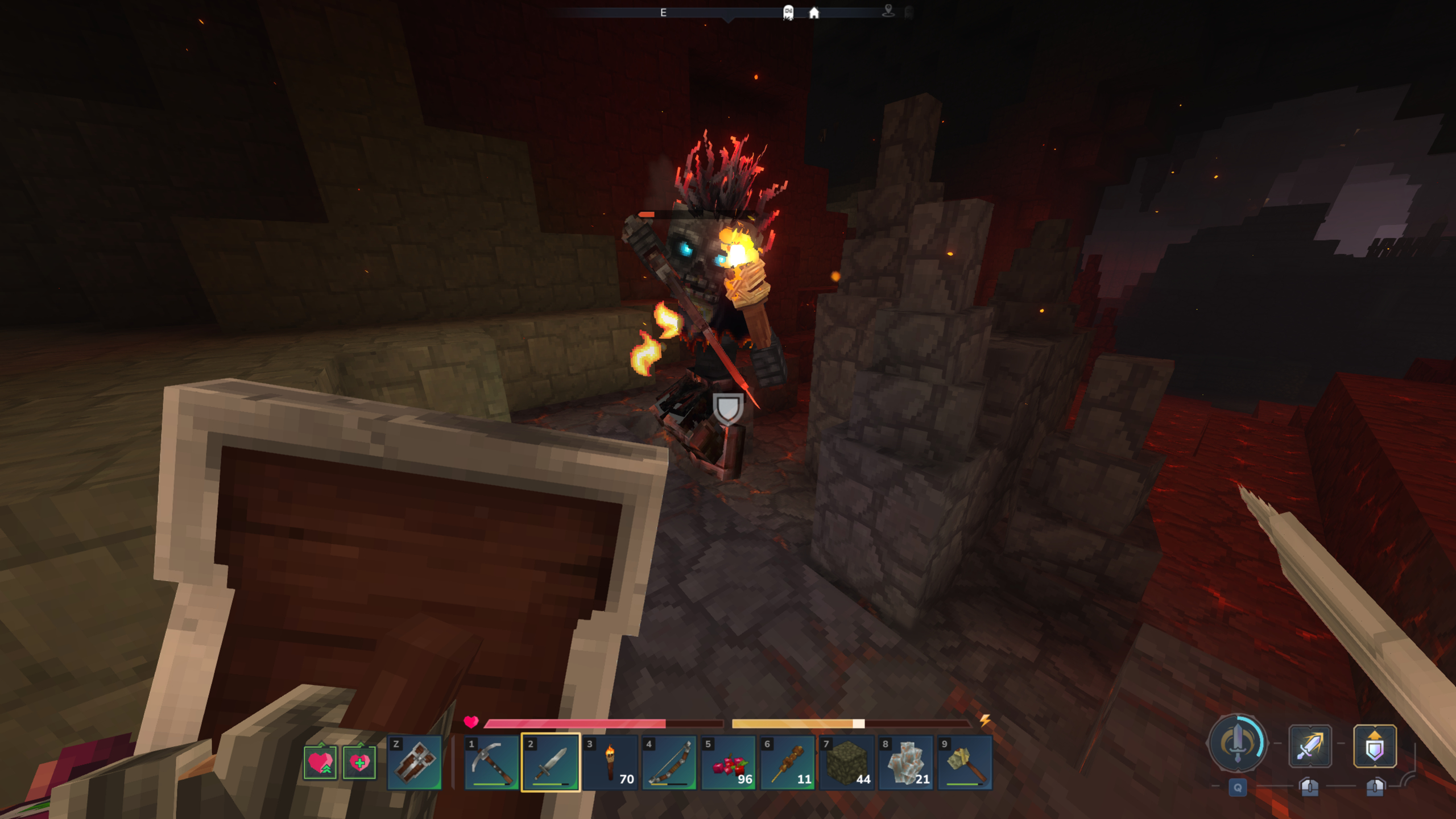 Hytale cindercloth scraps: A player getting ready to attack an incandescent skeleton inside a cave.